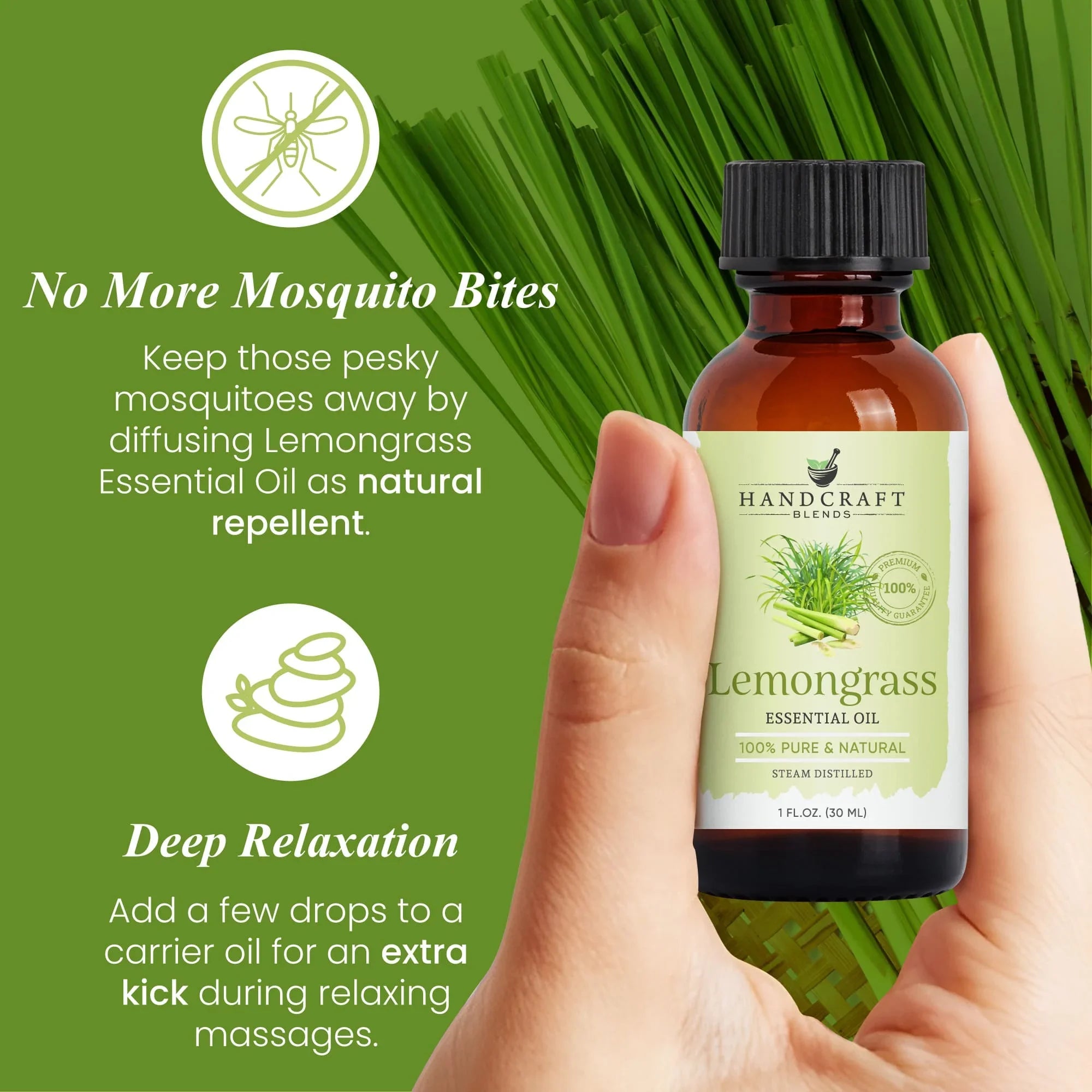 Hand holding lemongrass essential oil bottle, grass background, mosquito repellent benefits highlighted.