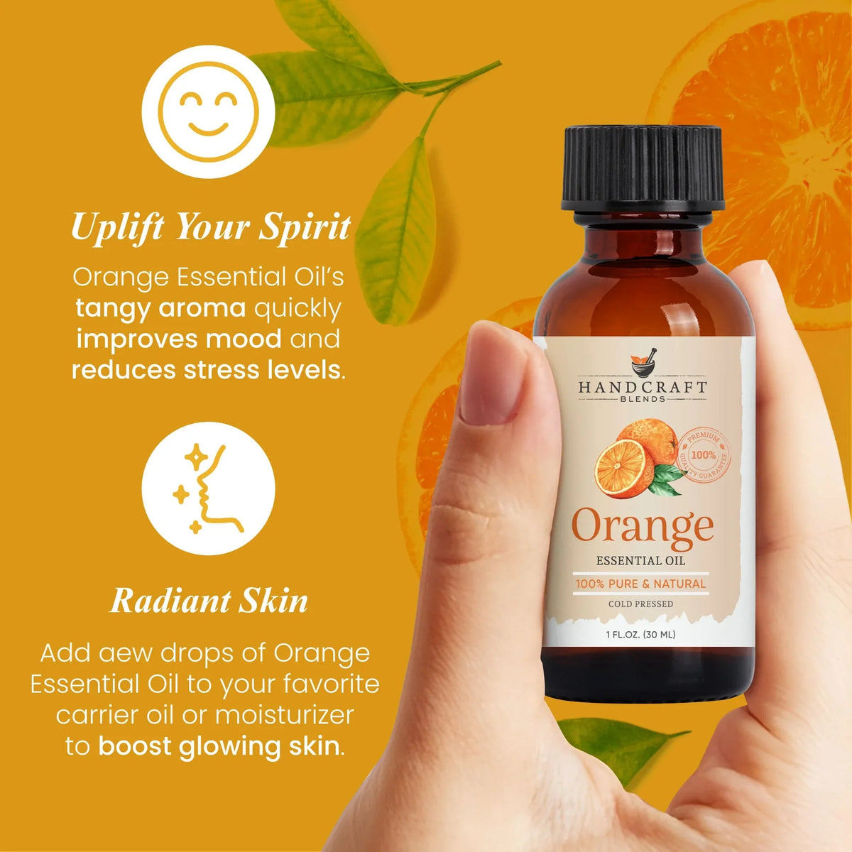 Hand holding a bottle of orange essential oil with orange slices and green leaves on an orange background, highlighting mood and skin benefits.