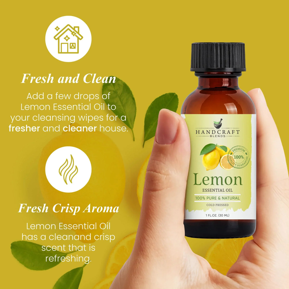 Hand holding lemon essential oil bottle with fresh lemon and clean home icons on yellow background
