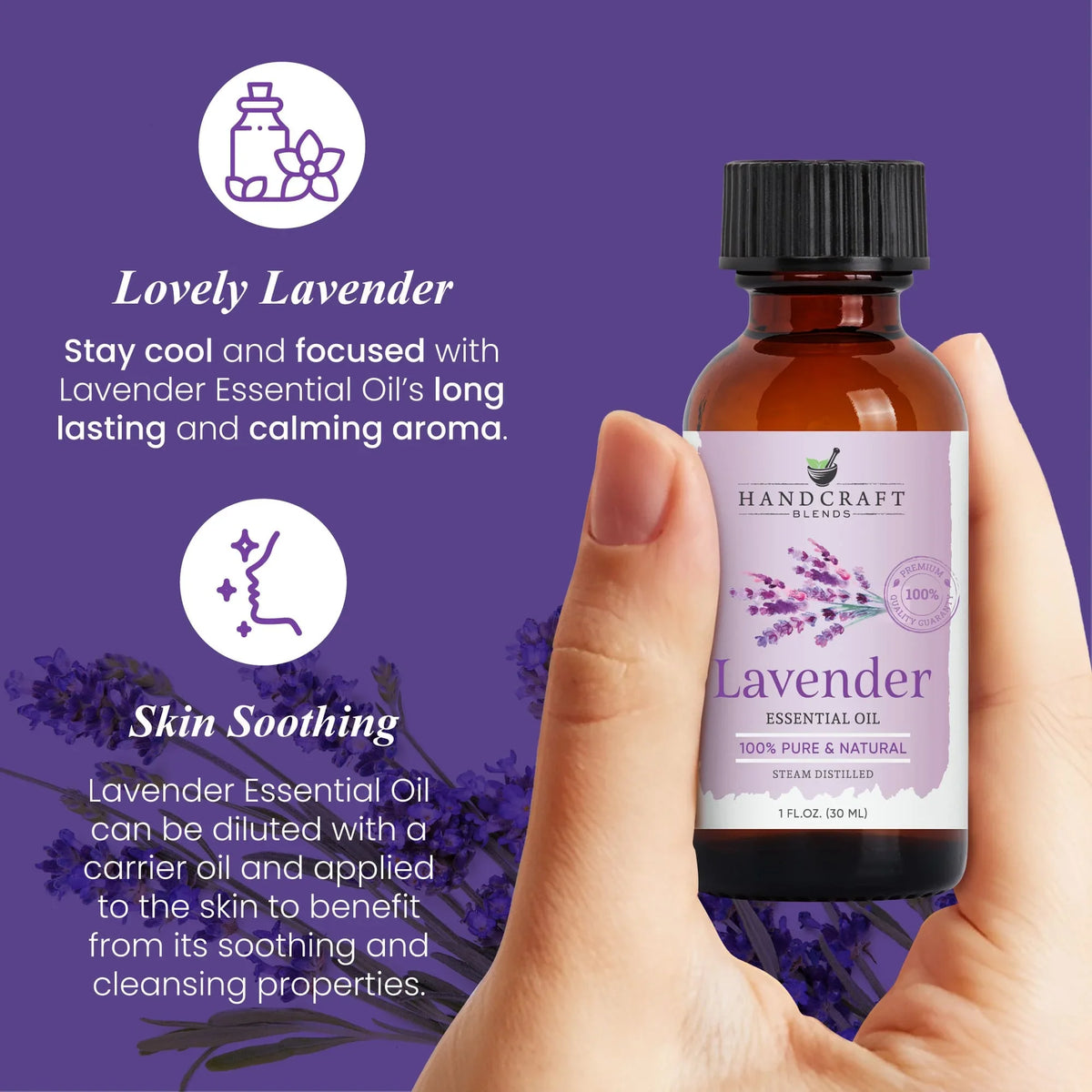 Hand holding a bottle of lavender essential oil, purple background with lavender flowers and calming aroma and skin soothing text.