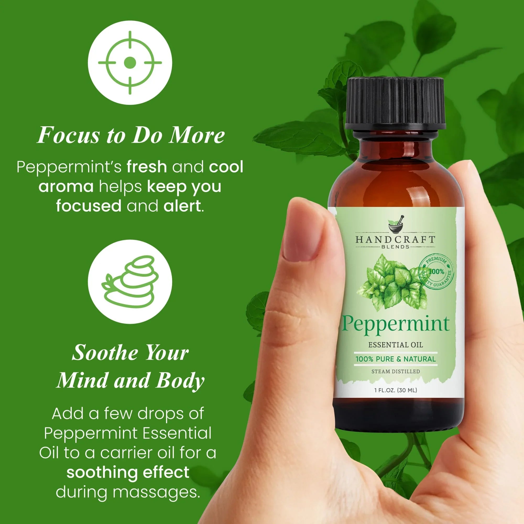 Hand holding bottle of peppermint essential oil with green label, text highlights aromatherapy benefits.