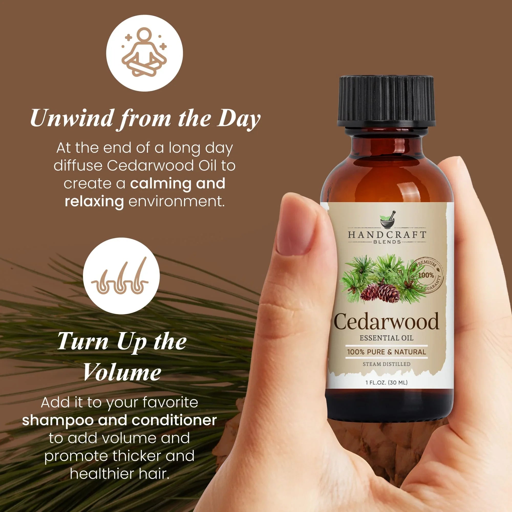 Hand holding a 1 oz bottle of Cedarwood essential oil, pine branch and calming haircare graphics.