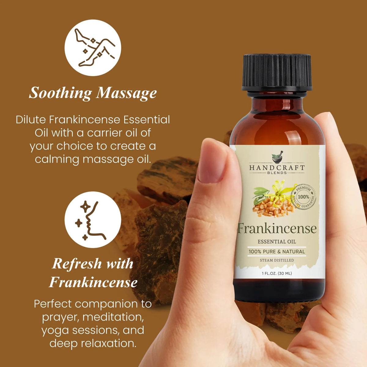 Hand holding a bottle of frankincense essential oil, ideal for massage and aromatherapy, with frankincense resin background.