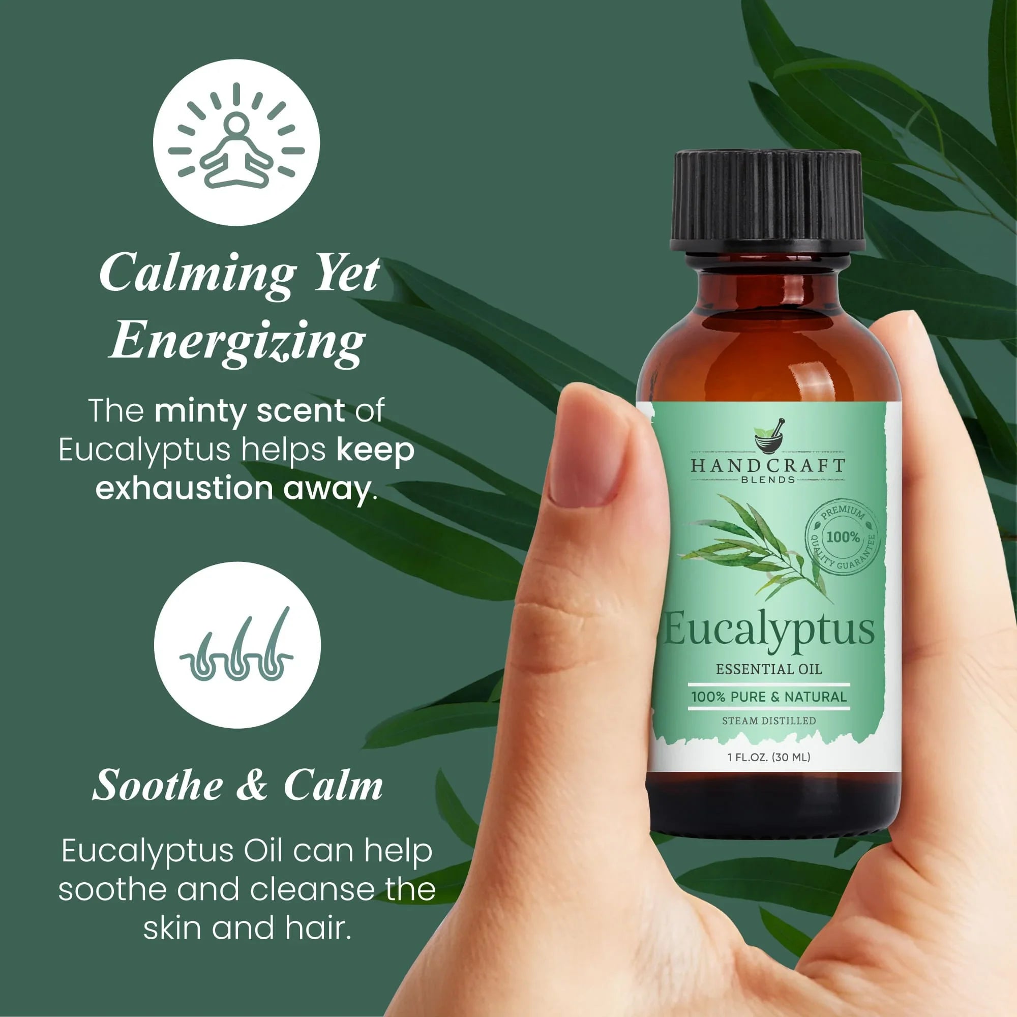 Hand holding 1 oz eucalyptus essential oil bottle with minty scent and soothing benefits text.