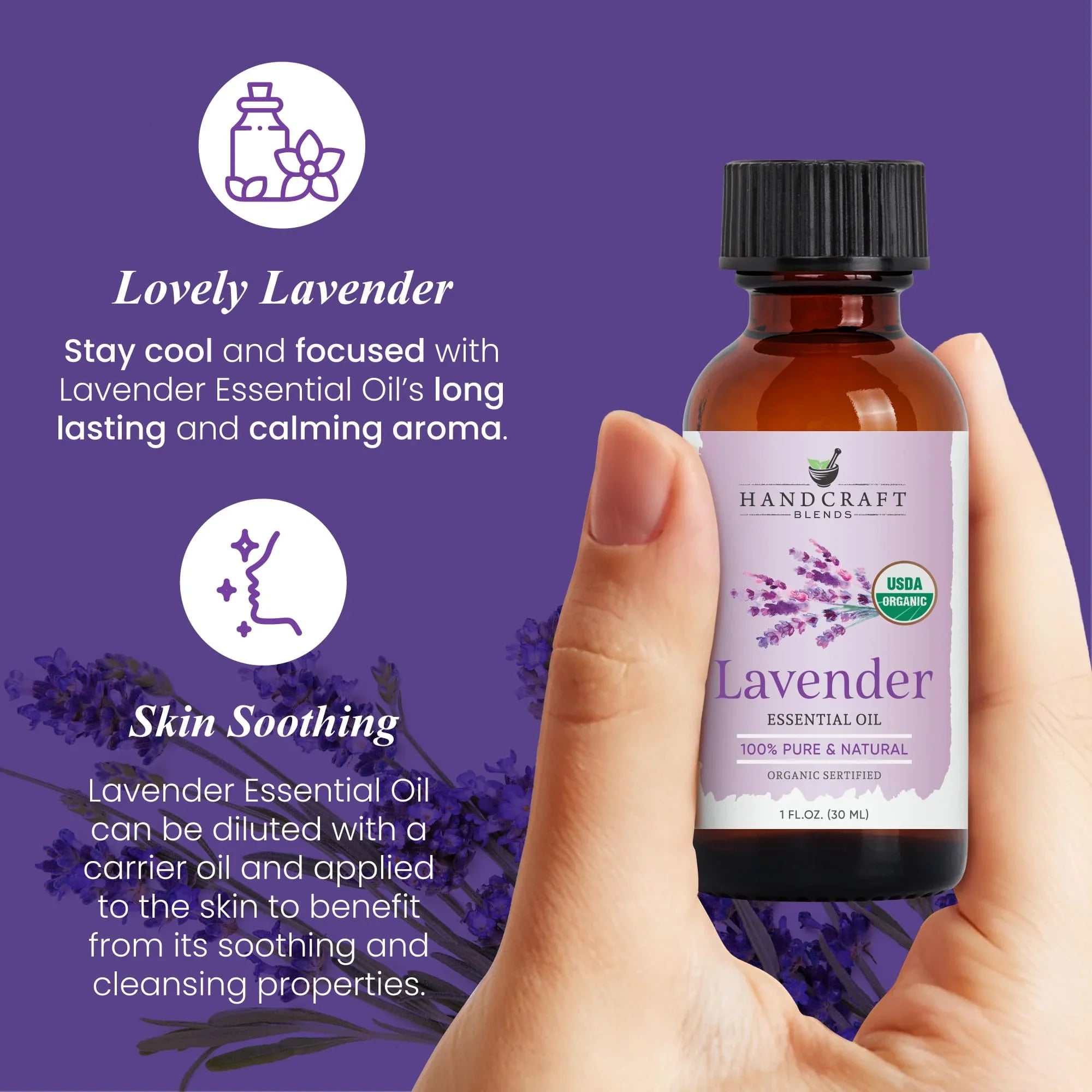 Hand holding lavender essential oil bottle with calming and skin-soothing benefits highlighted.