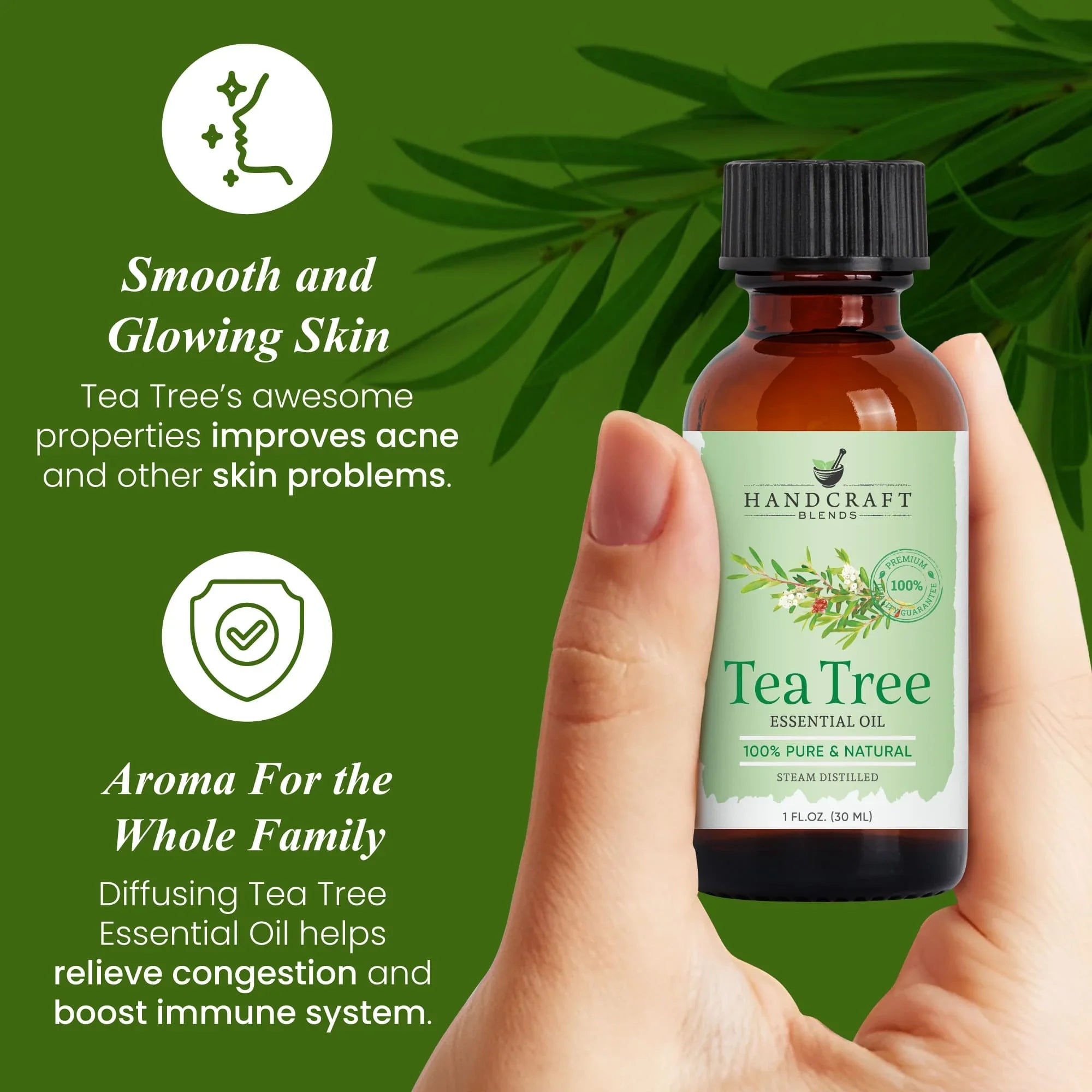Hand holding a 1 oz tea tree essential oil bottle with benefits for skin and aromatherapy displayed.