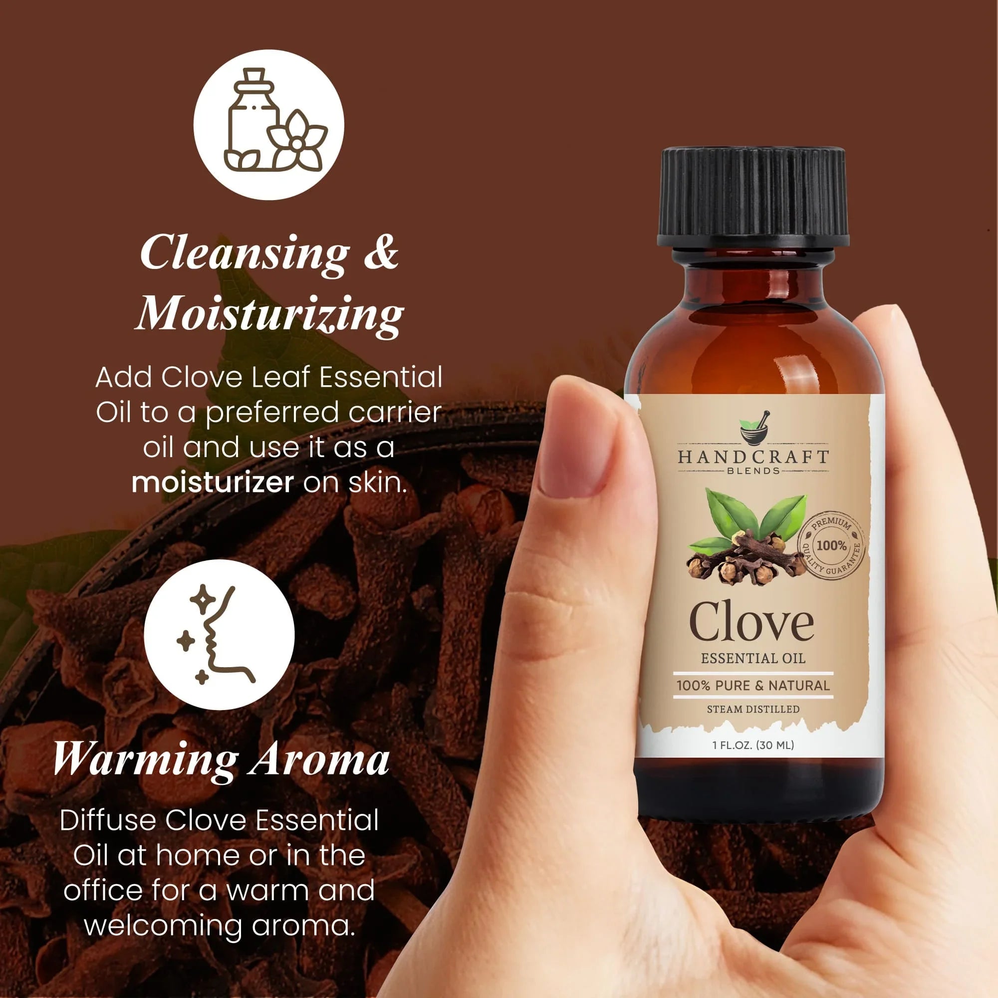 Hand holding a bottle of clove essential oil with clove pods and product benefits in background.