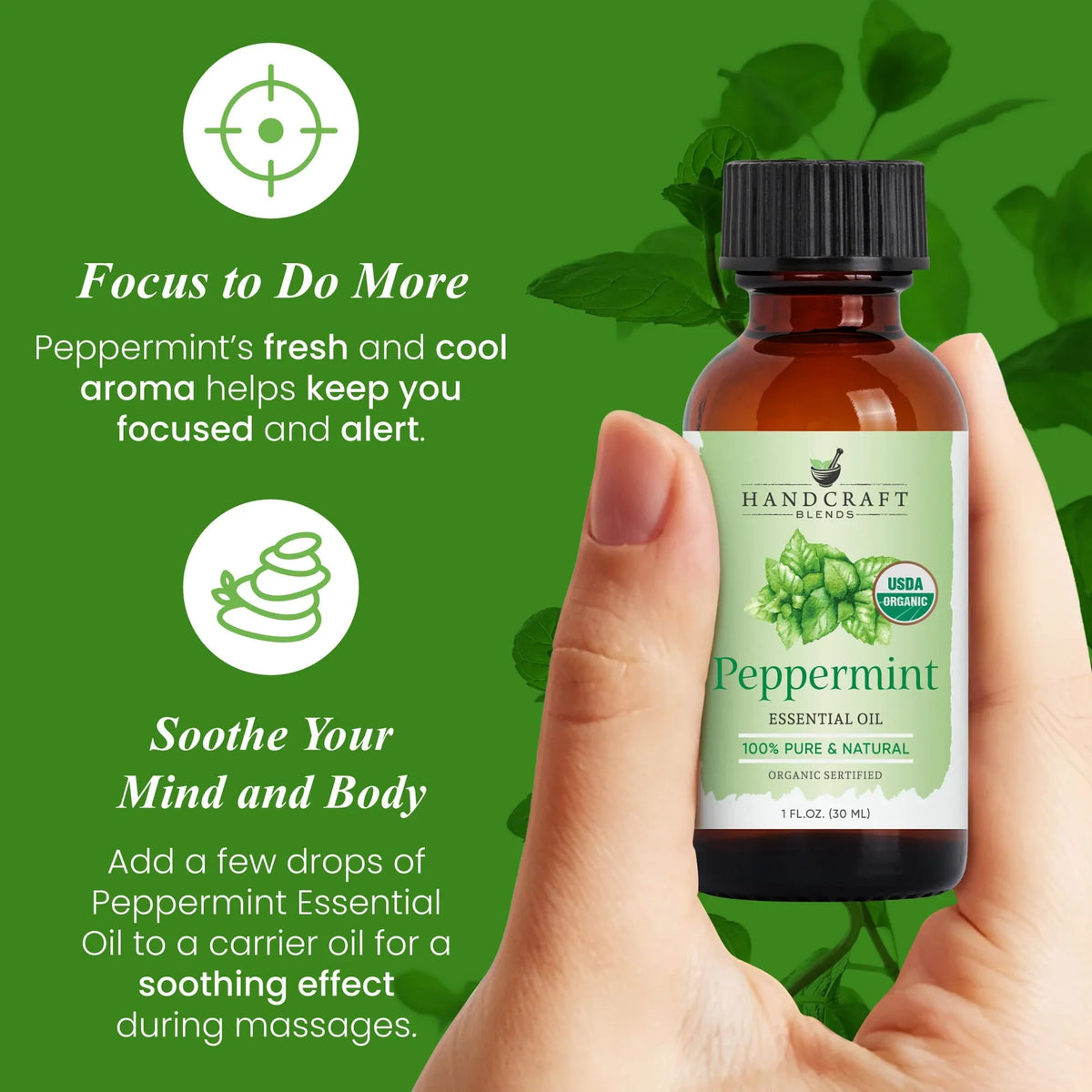 Hand holding a bottle of organic peppermint essential oil with green background and product benefits.