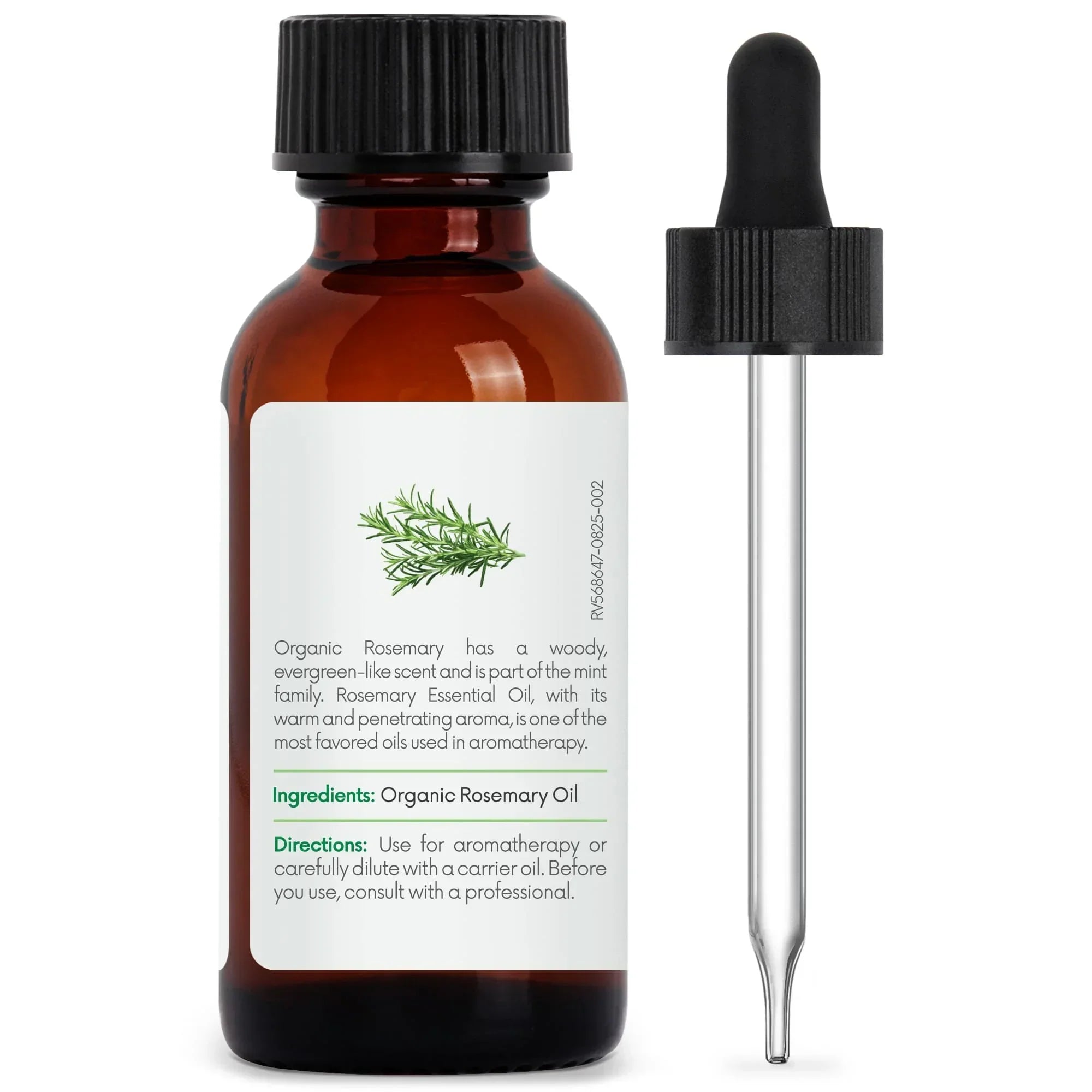 Amber glass bottle of organic rosemary essential oil with dropper for aromatherapy