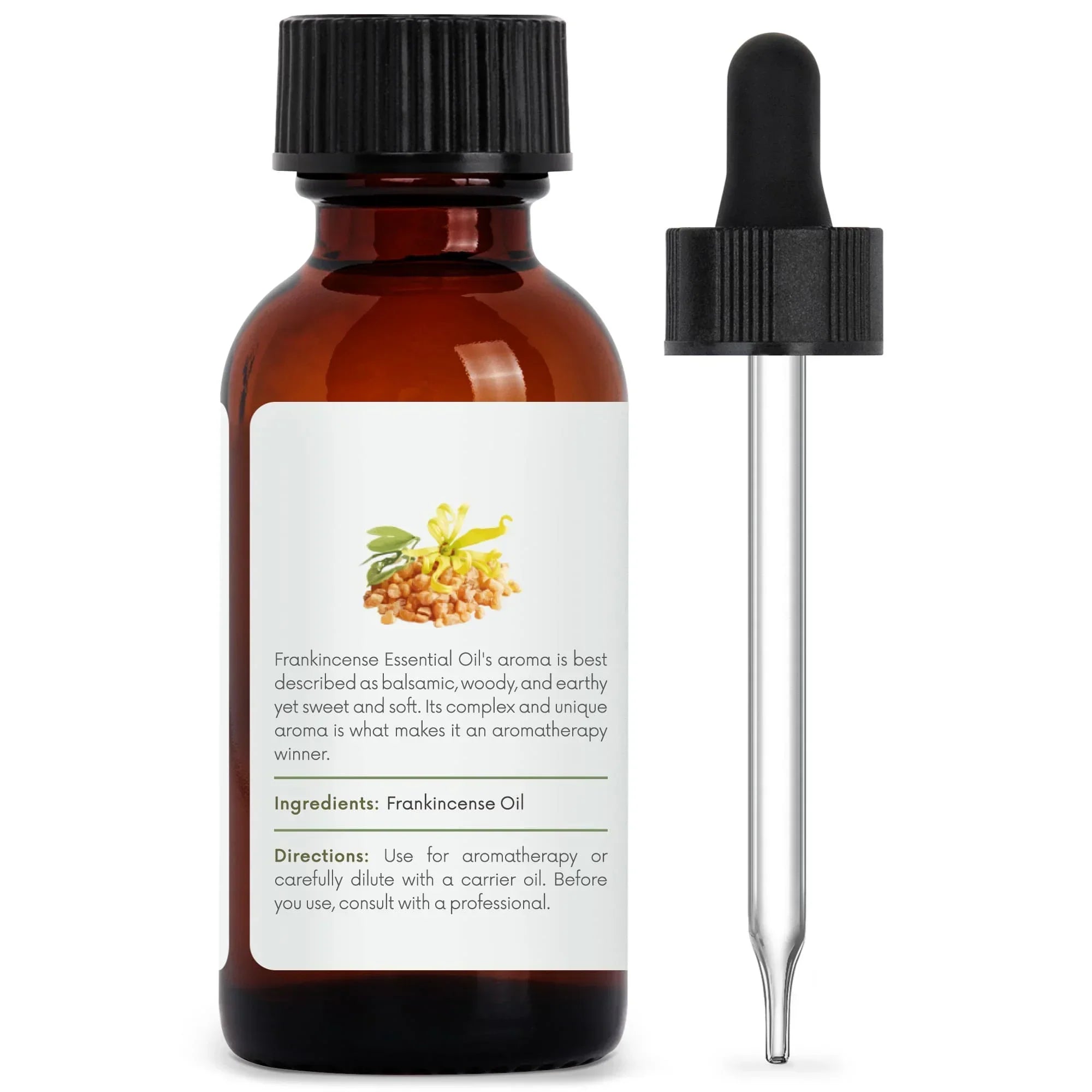 Amber glass bottle labeled Frankincense essential oil with dropper for aromatherapy use