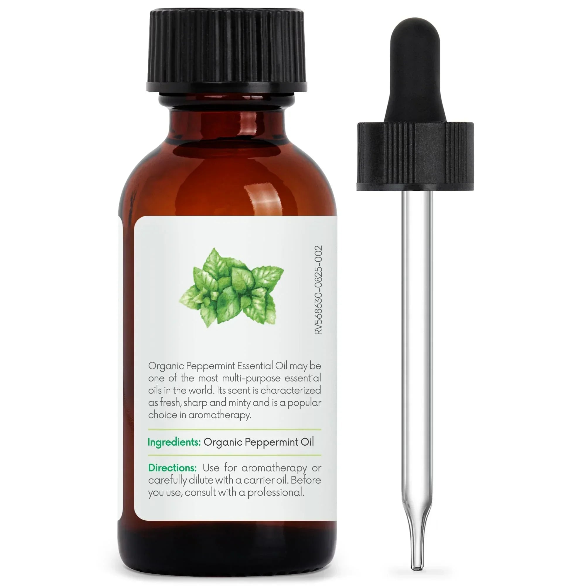 Amber glass bottle of organic peppermint essential oil with dropper and mint leaf label.