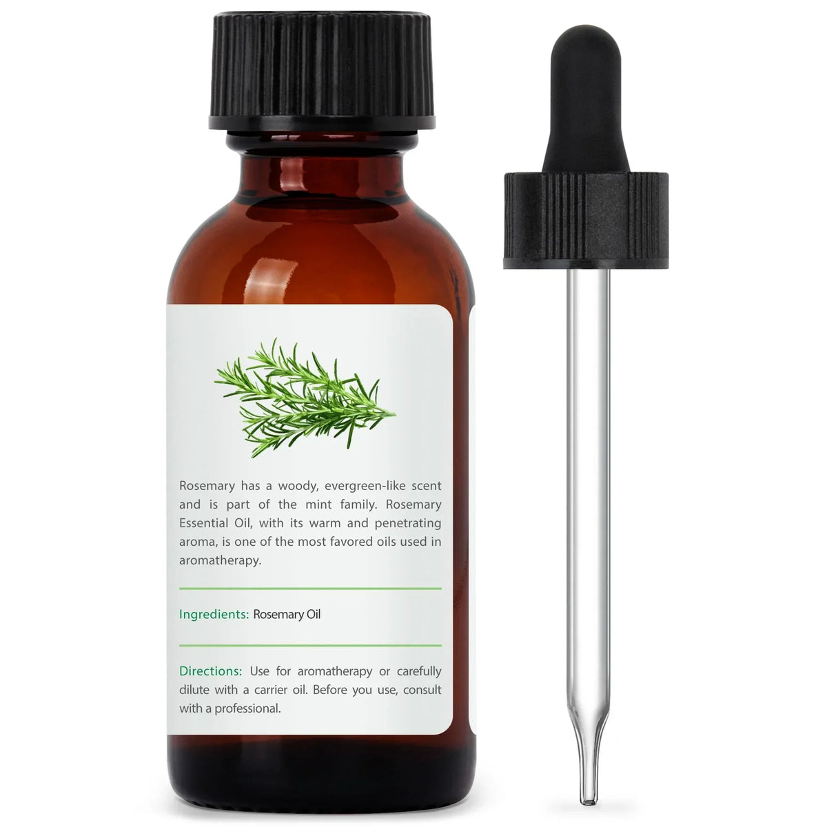 Amber glass bottle of rosemary essential oil for aromatherapy with dropper and label.
