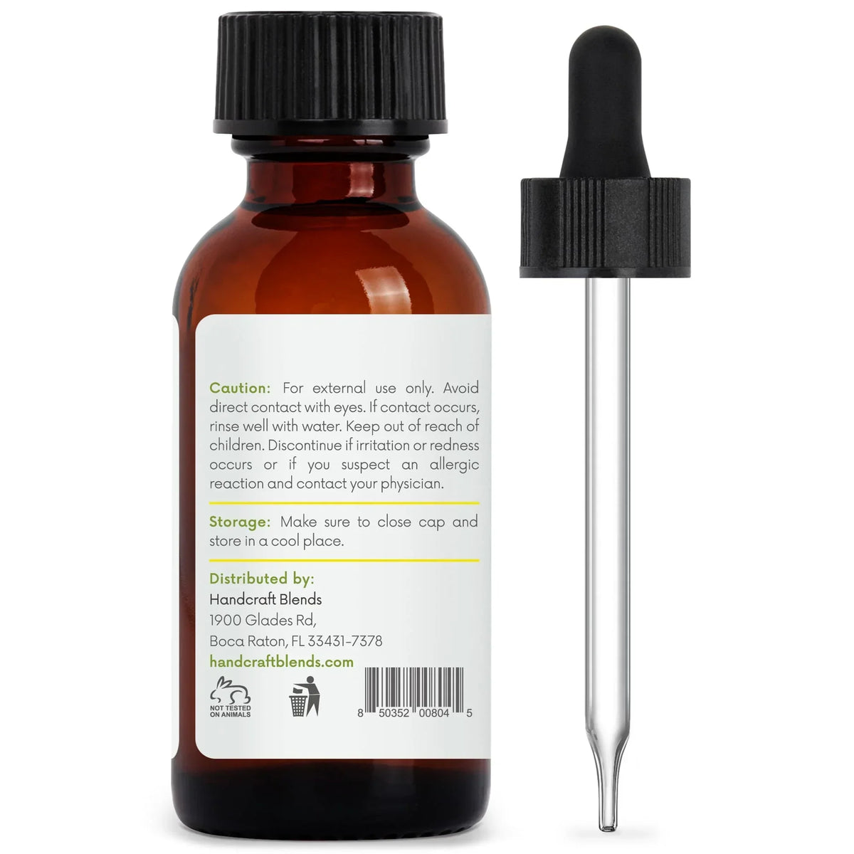 Amber glass essential oil bottle with dropper, caution label, aromatherapy product