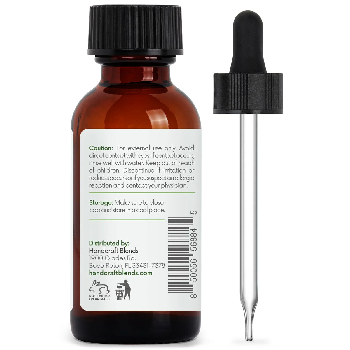 Amber glass essential oil bottle with dropper, caution and storage label visible, white background