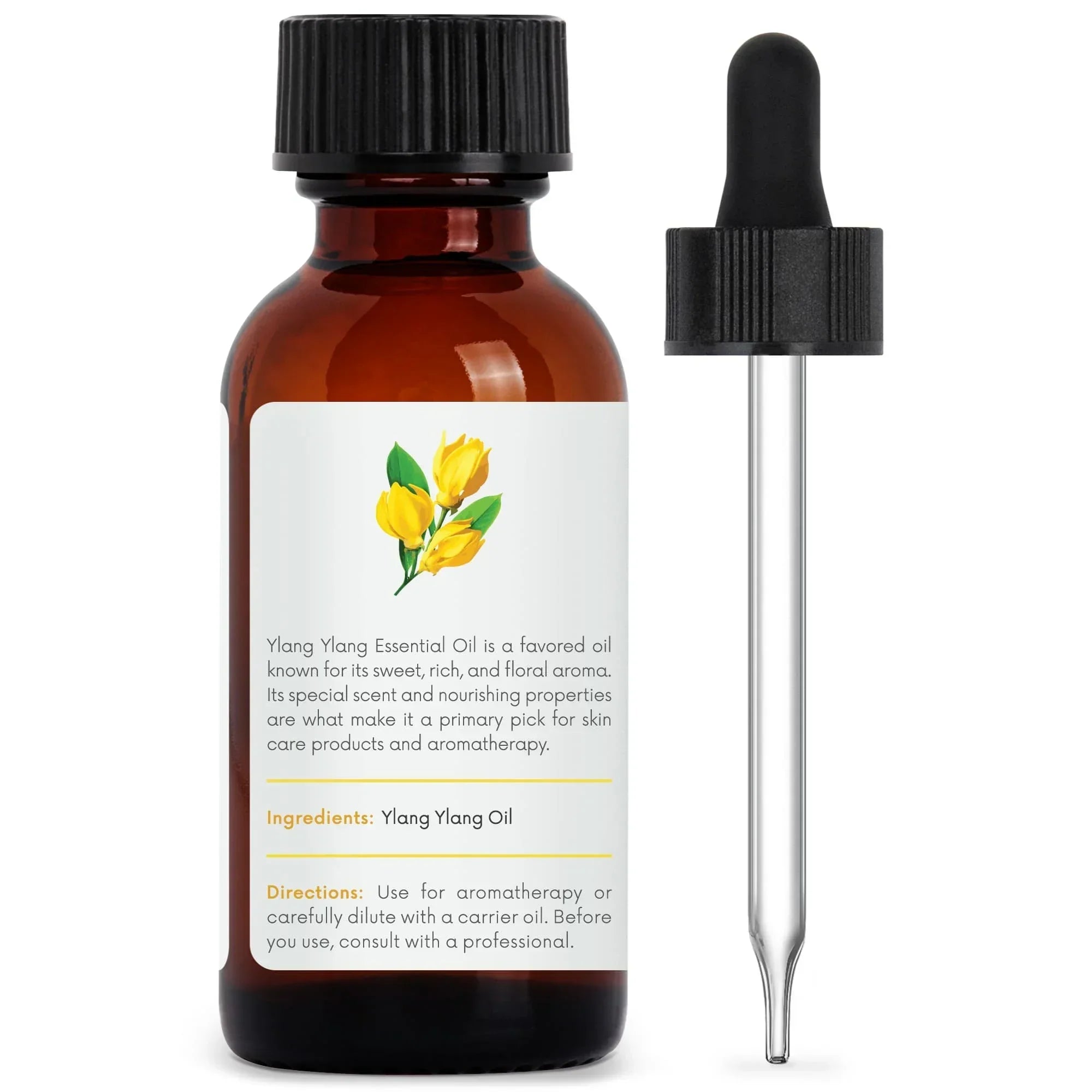 Amber glass bottle of ylang ylang essential oil with dropper for aromatherapy use