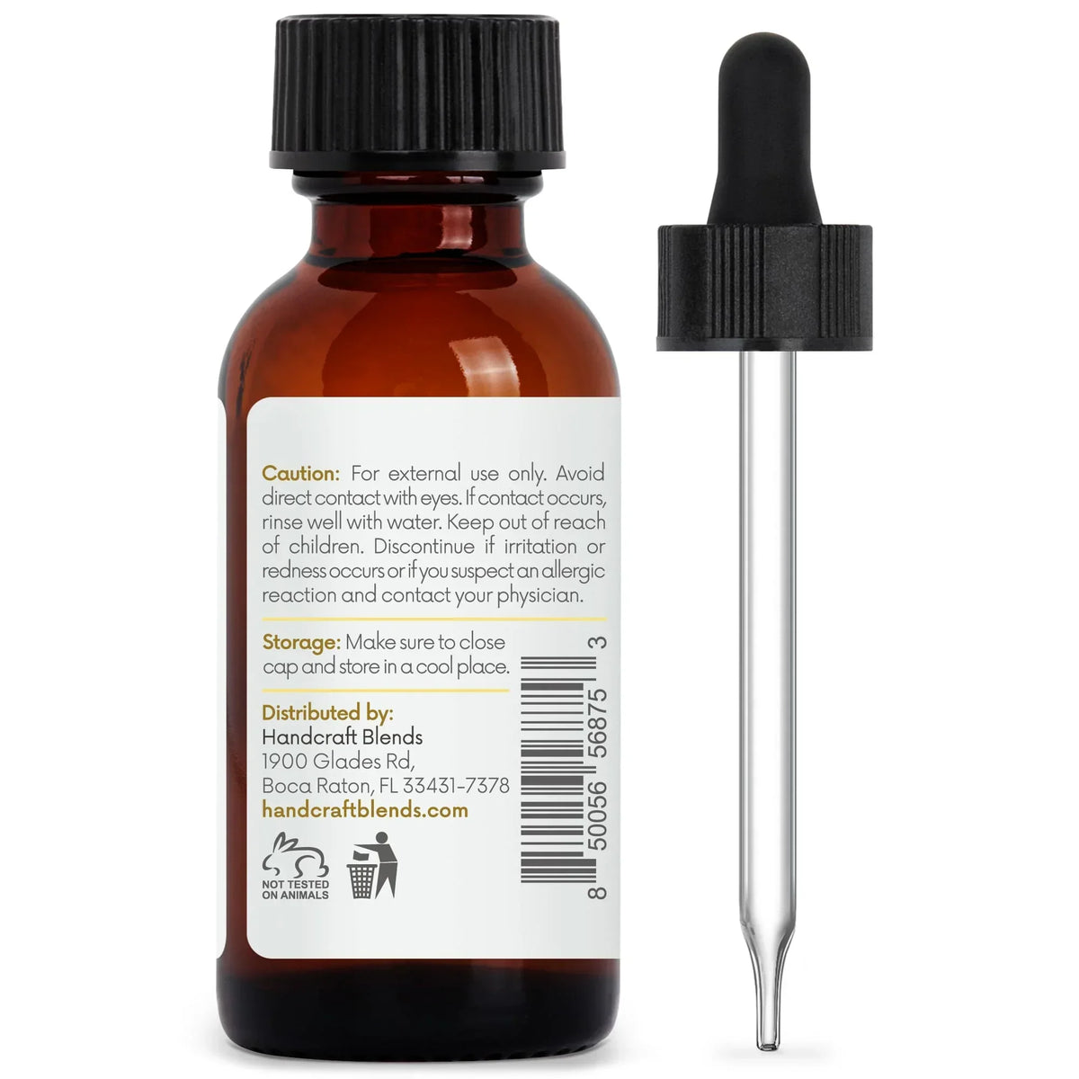 Amber glass essential oil bottle with dropper and product label for aromatherapy use.