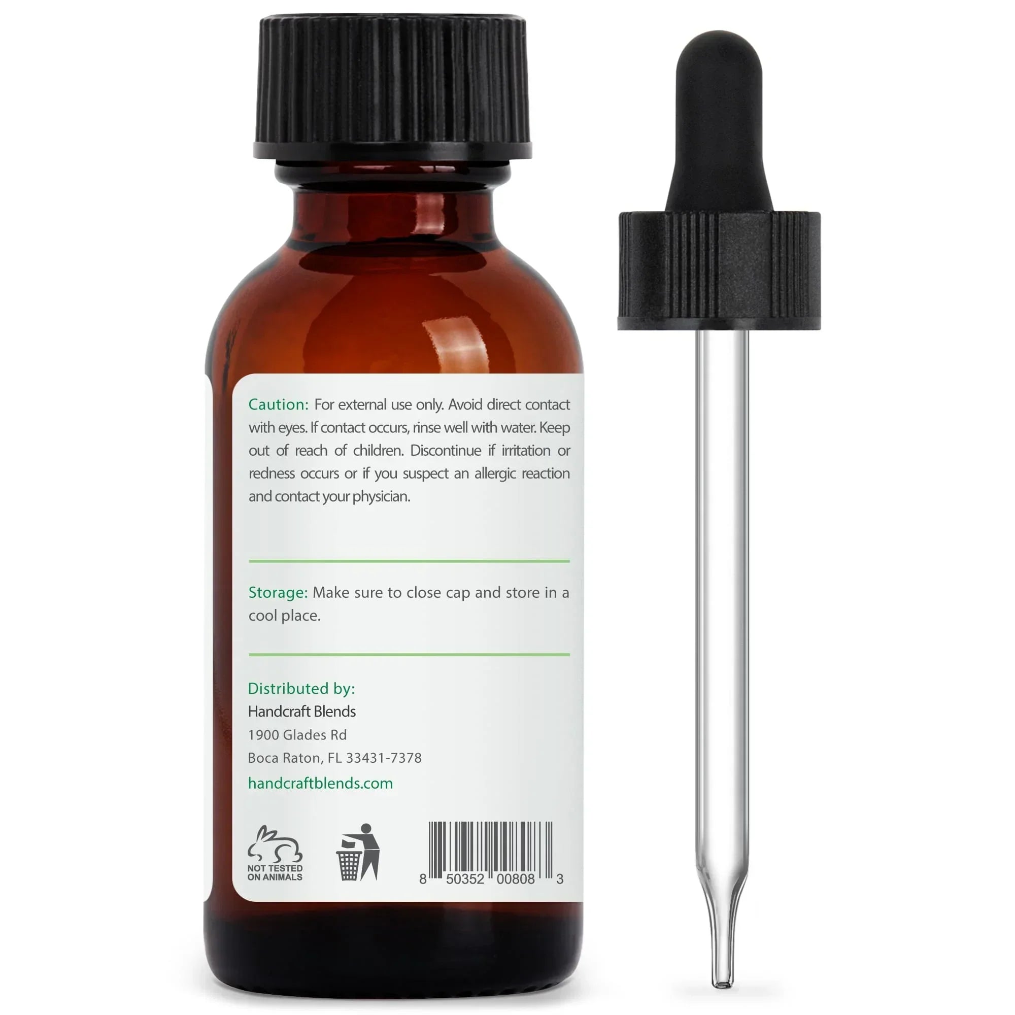 Amber glass essential oil bottle with dropper and usage instructions label