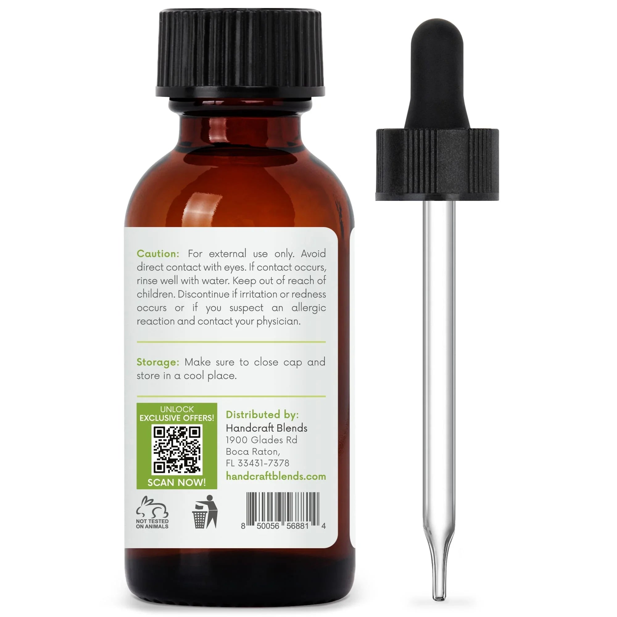 Amber glass essential oil bottle with dropper and safety label, aromatherapy product