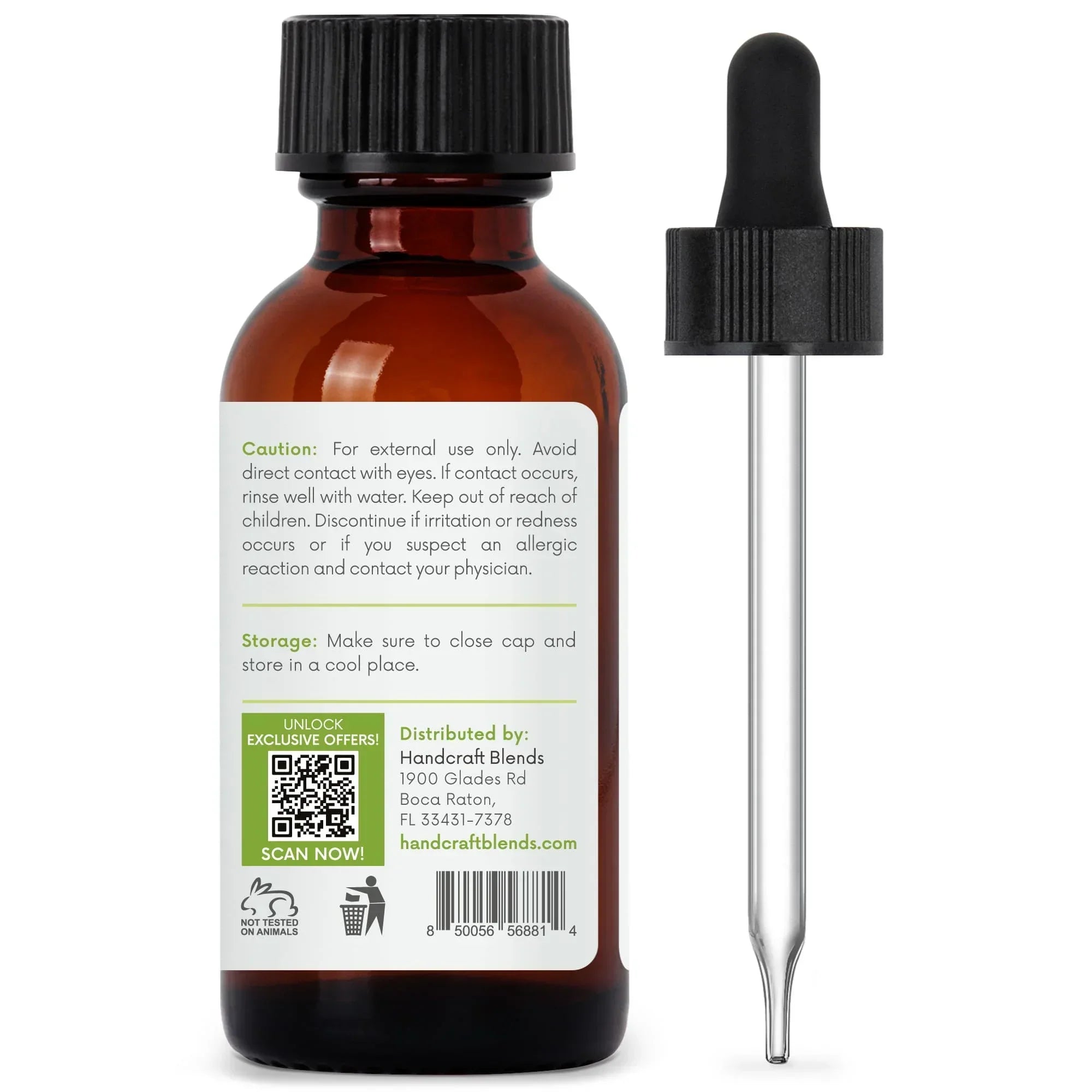 Amber glass essential oil bottle with dropper and safety label, aromatherapy product