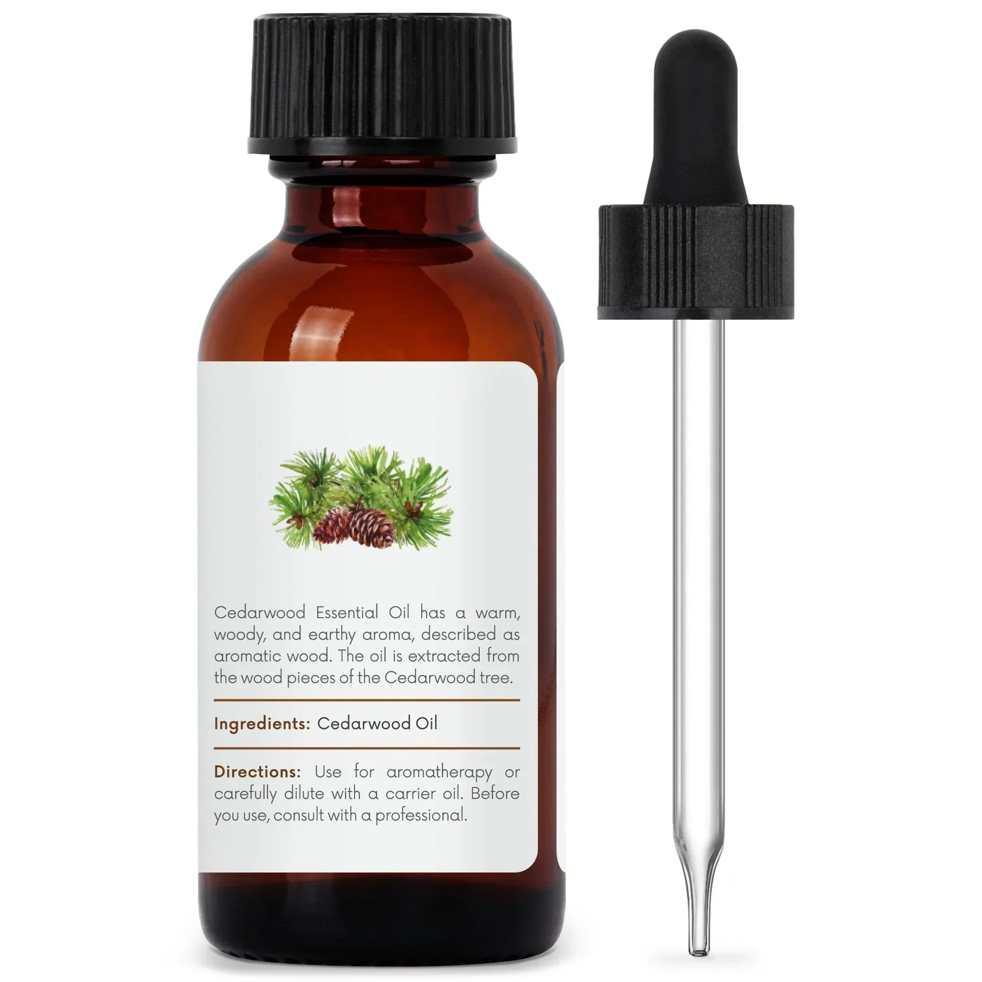 Amber bottle of cedarwood essential oil with pipette dropper for aromatherapy