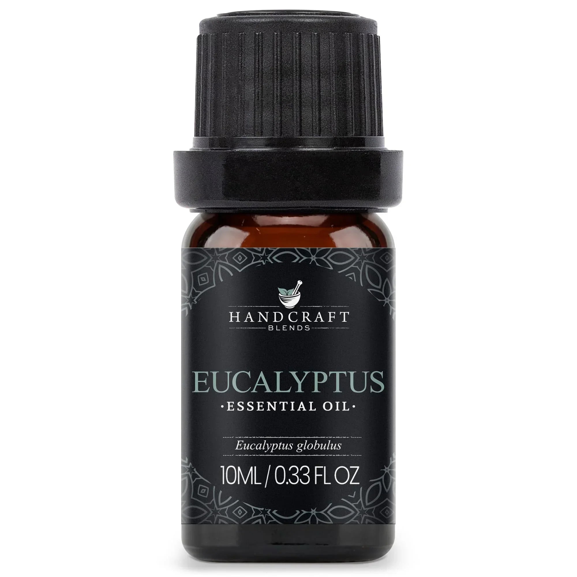 10ml amber bottle of eucalyptus essential oil with black label and cap