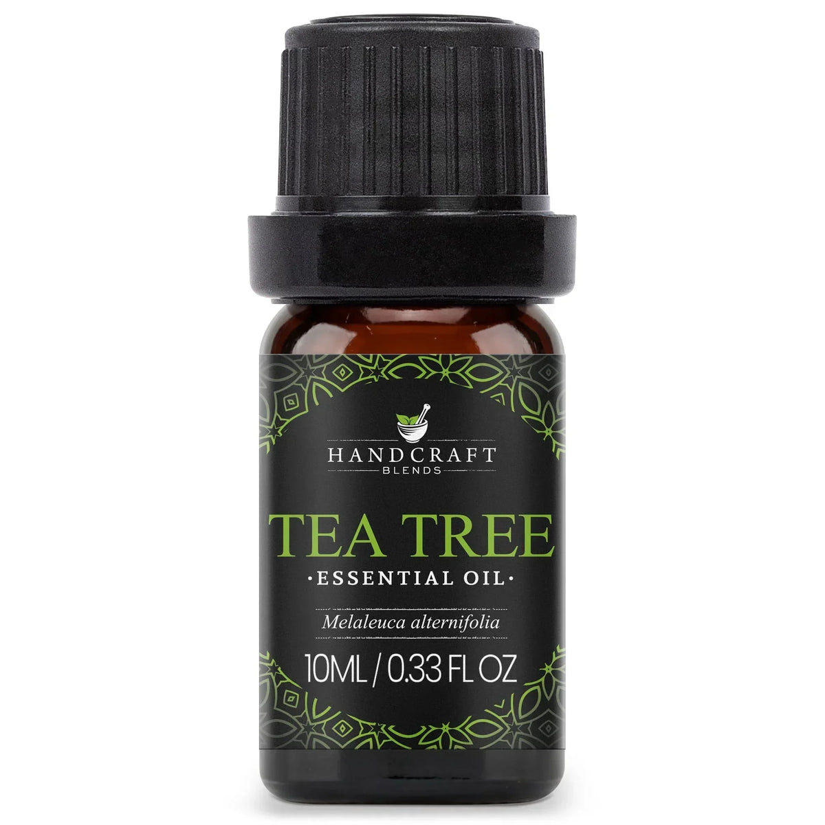 10ml tea tree essential oil bottle, dark glass, black label, green botanical design