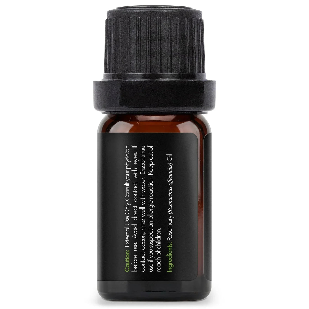 Amber glass bottle of rosemary essential oil with black label and cap, aromatherapy product