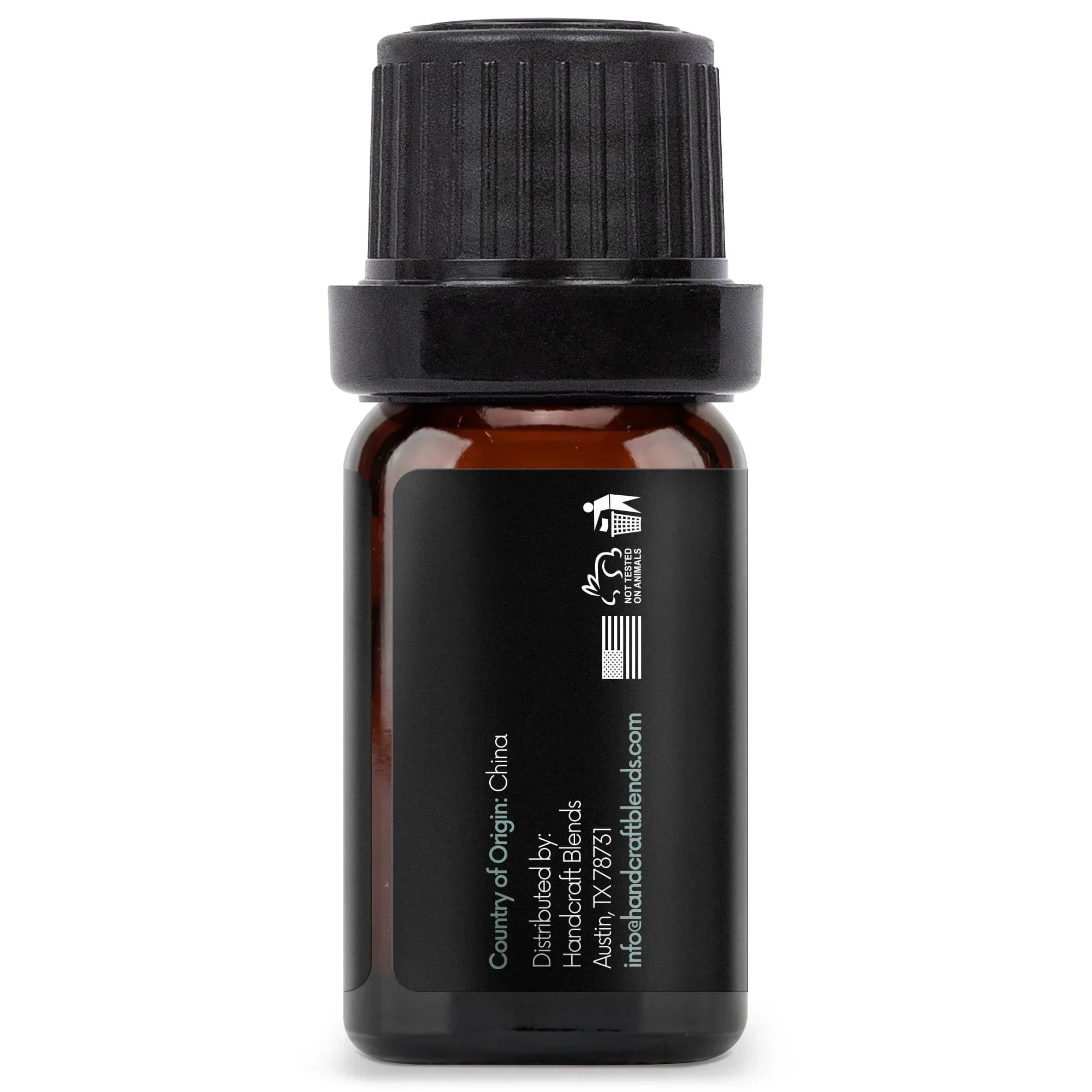 Amber glass essential oil bottle with black cap and product label, used for aromatherapy blends