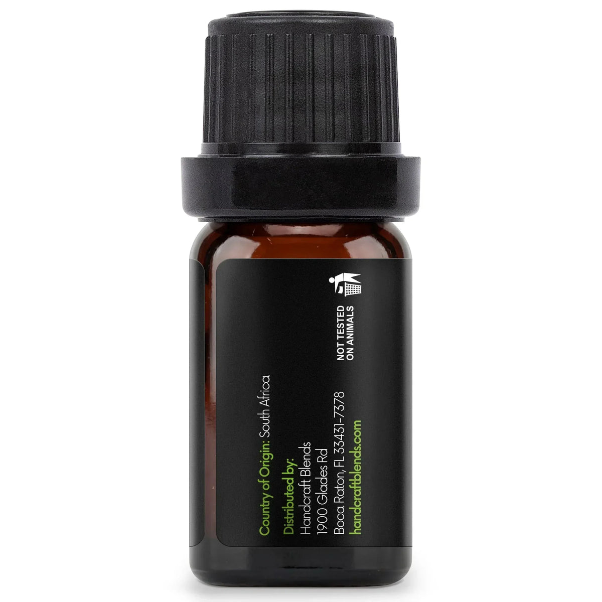 Amber glass essential oil bottle with black label and cap, aromatherapy product.