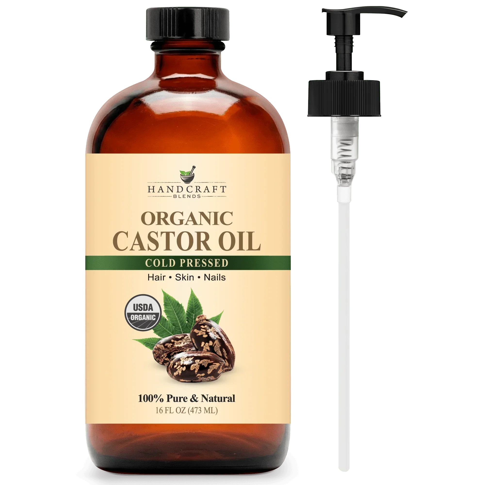 16 oz amber glass bottle of organic castor oil with pump, cold pressed for hair, skin, nails