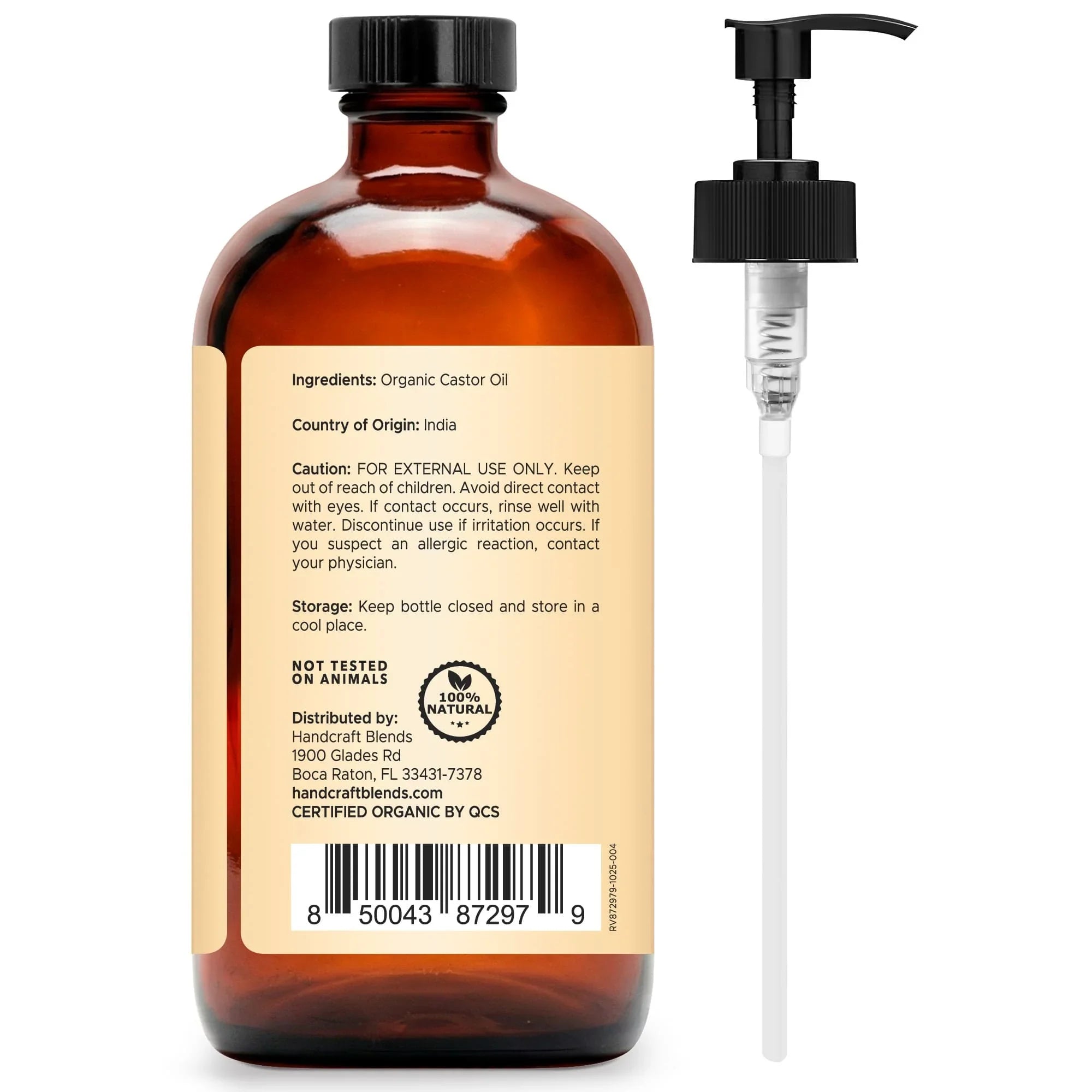 Amber glass bottle of organic castor oil with black cap and separate pump dispenser