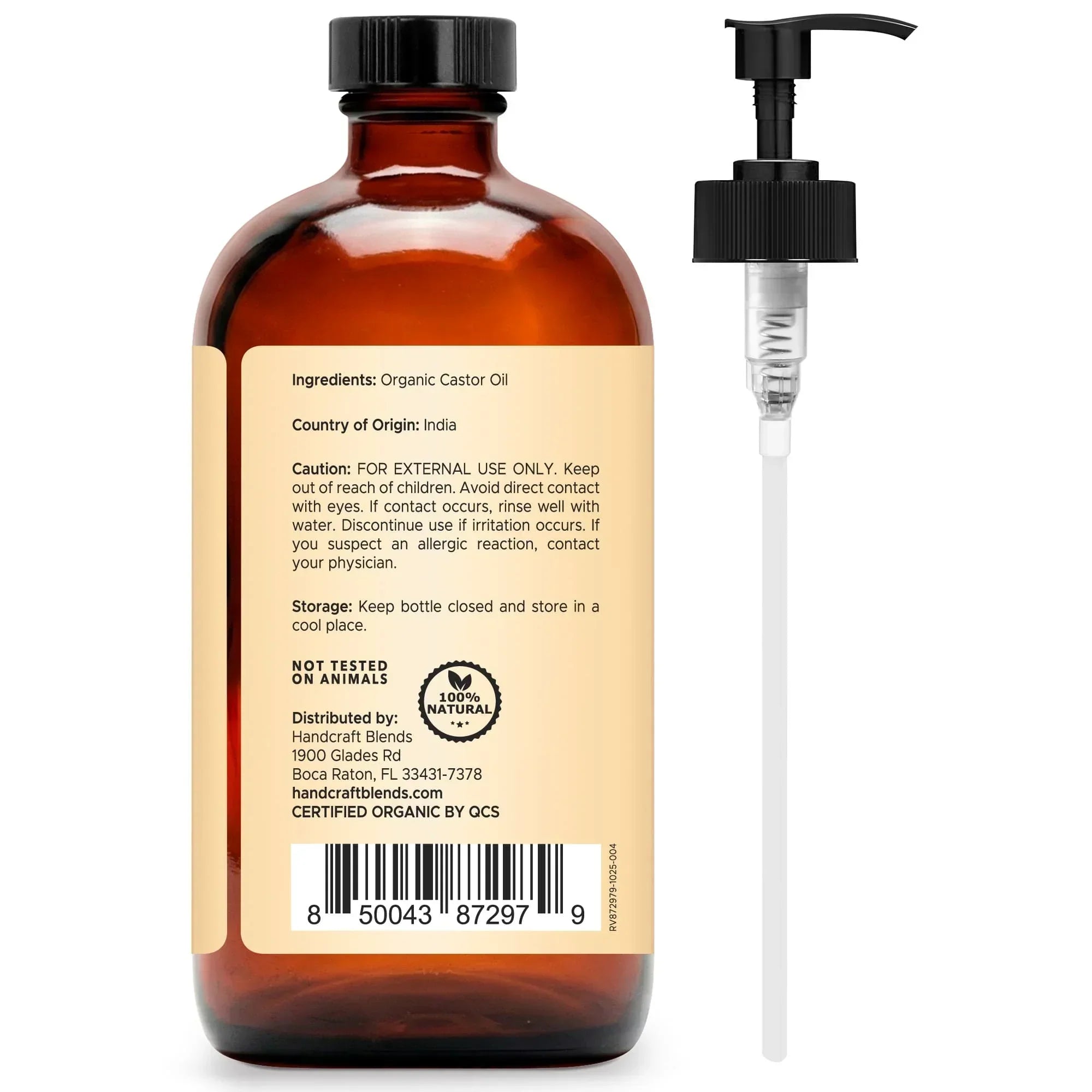 Amber glass bottle of organic castor oil with black cap and separate pump dispenser