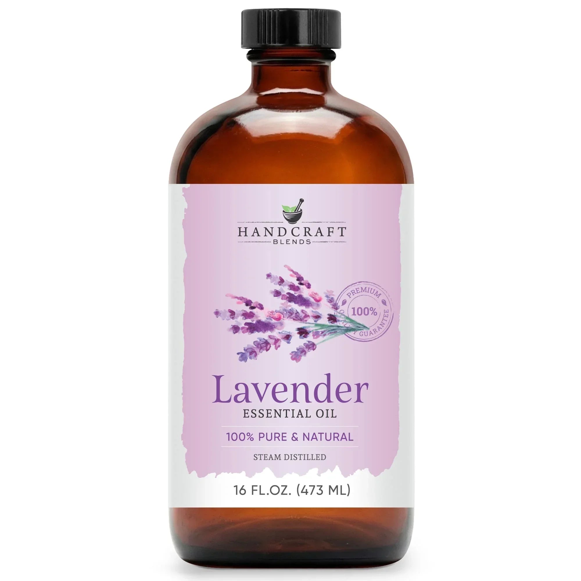 16 oz amber glass bottle of lavender essential oil with floral label and black cap