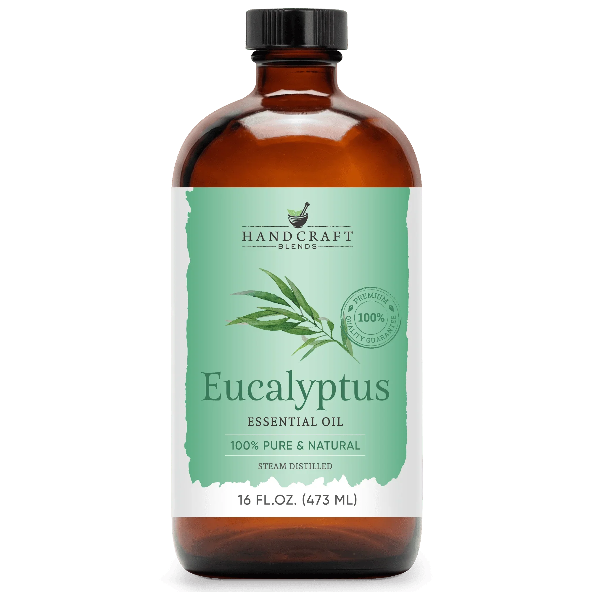 16 oz amber glass bottle of eucalyptus essential oil, labeled 100% pure and natural.
