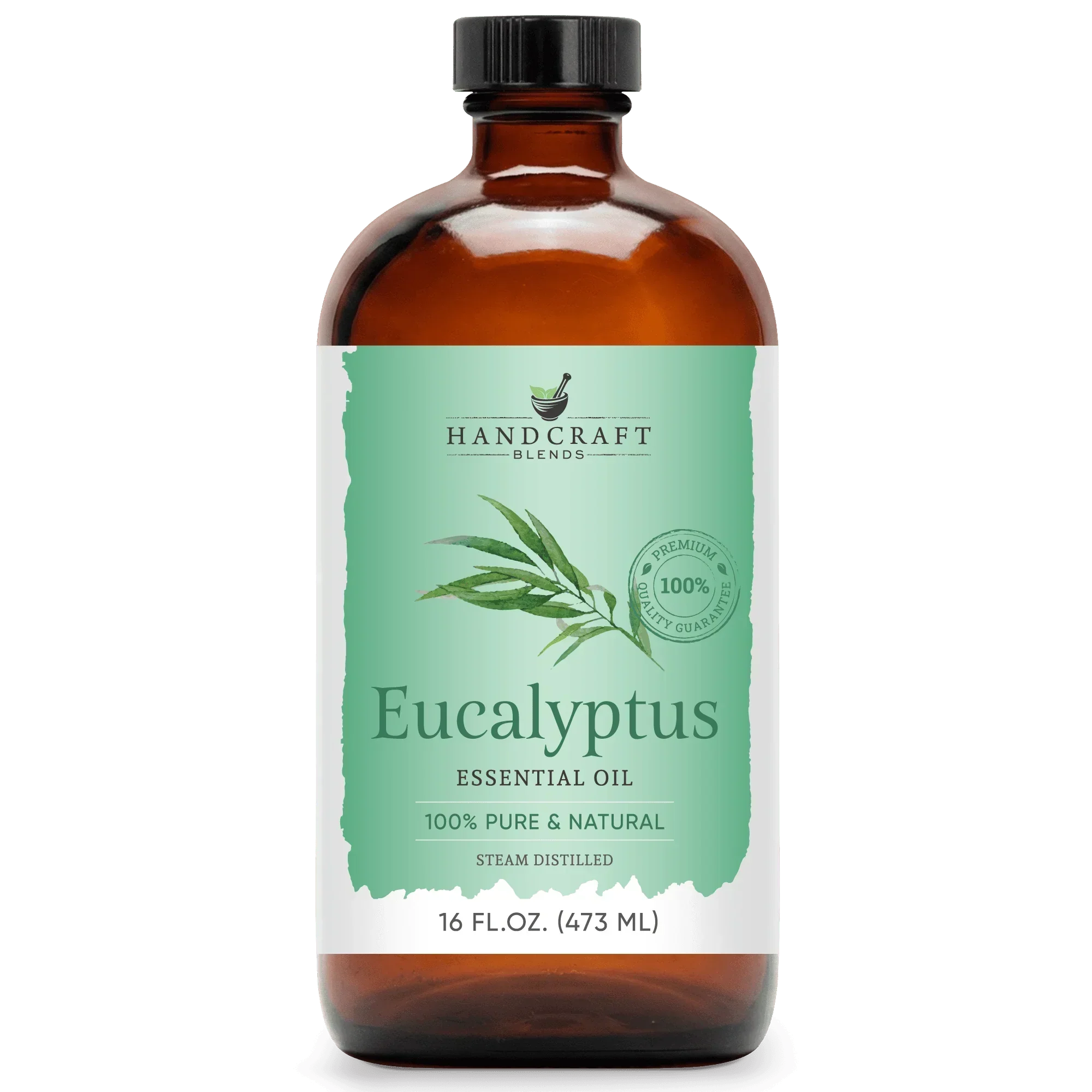 16 oz amber glass bottle of eucalyptus essential oil, labeled 100% pure and natural.