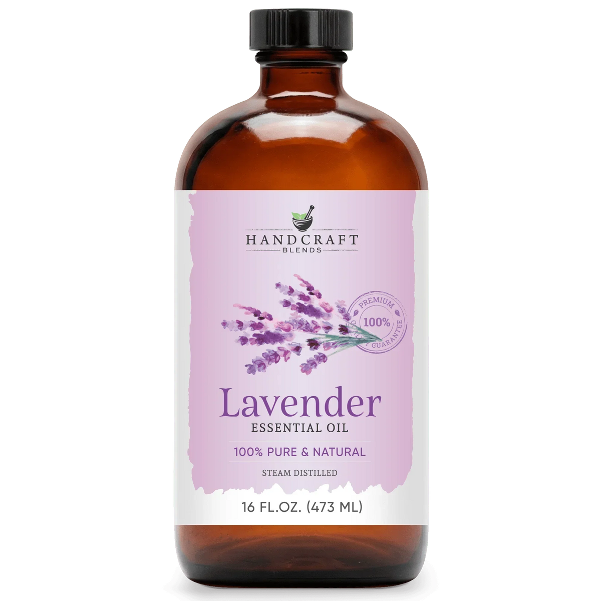 16 oz amber glass bottle of lavender essential oil with lavender illustration and label