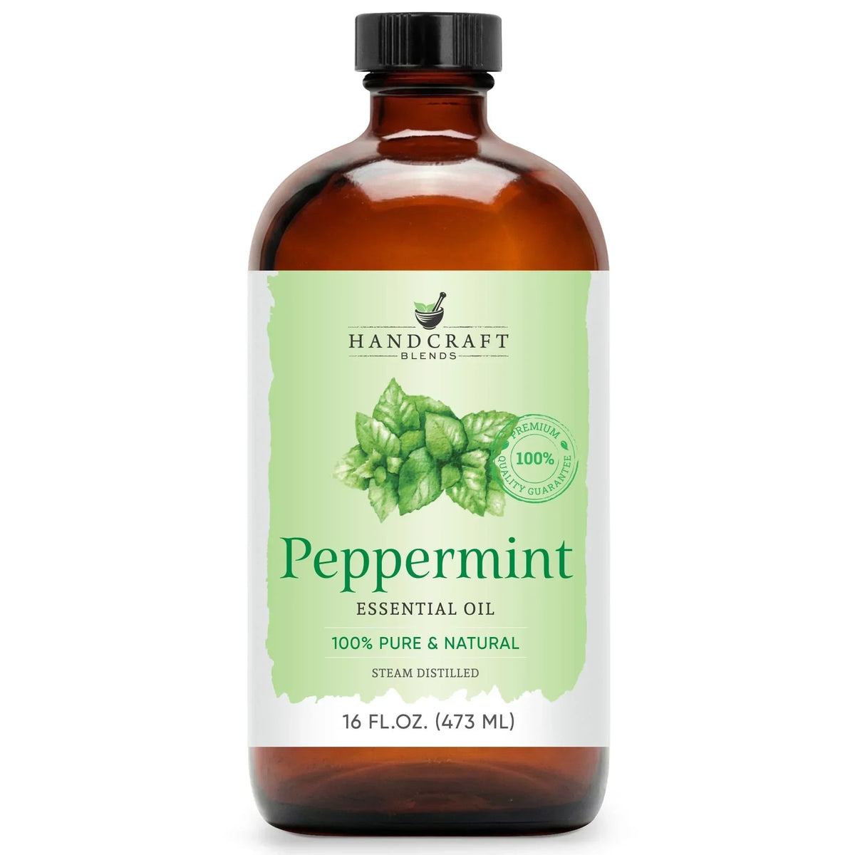 16 oz amber glass bottle of peppermint essential oil with green label and mint leaf illustration