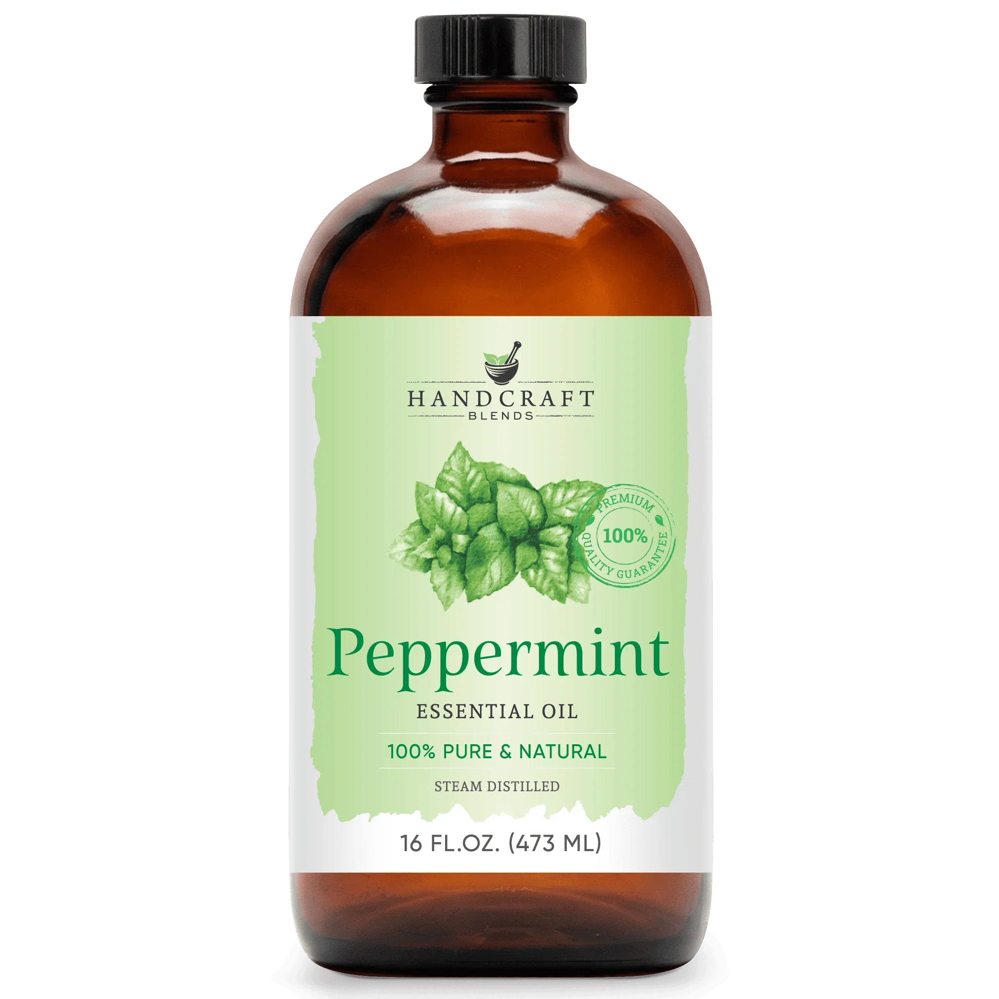 16 oz amber glass bottle of peppermint essential oil with green leaf label