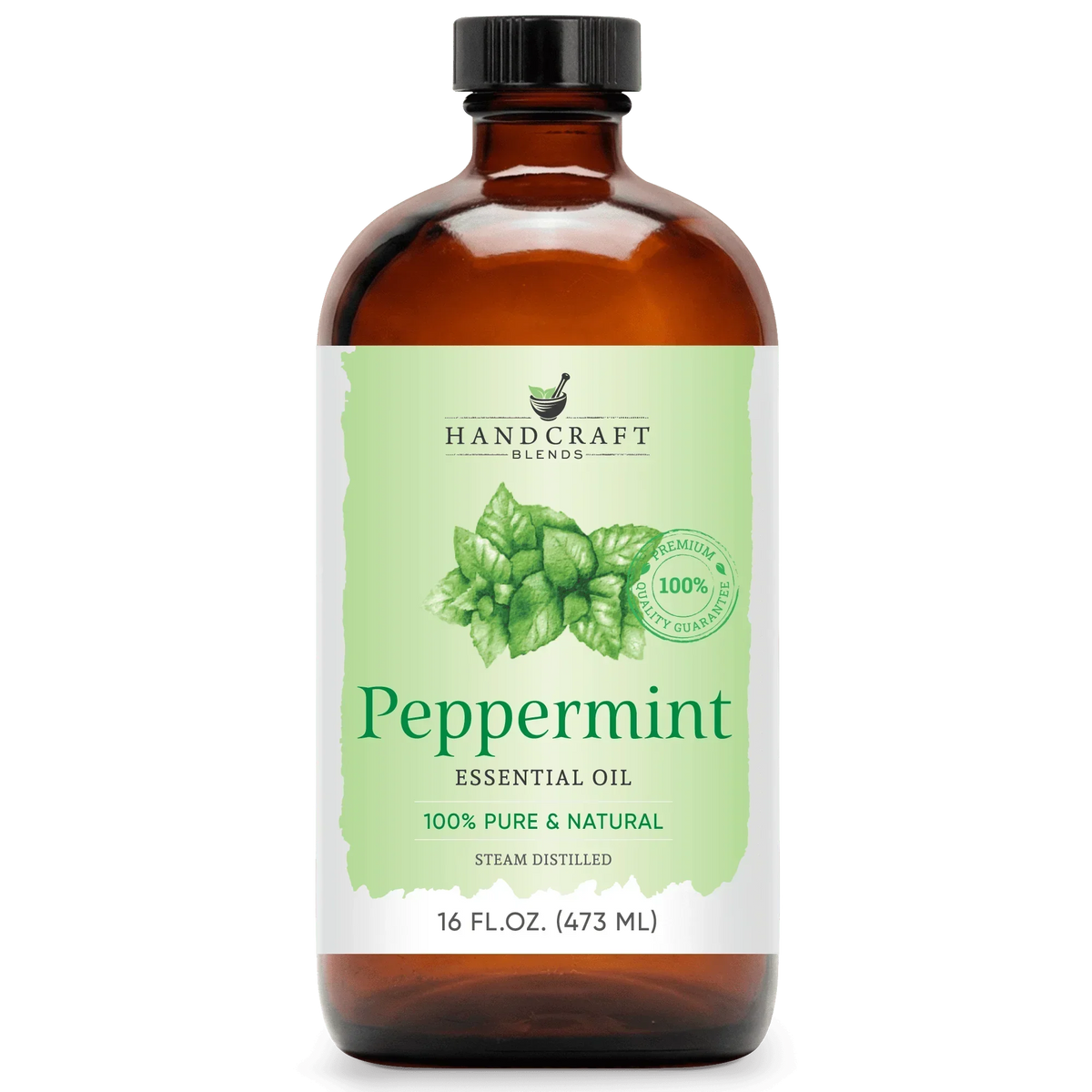 16 oz amber glass bottle of peppermint essential oil with green leaf label