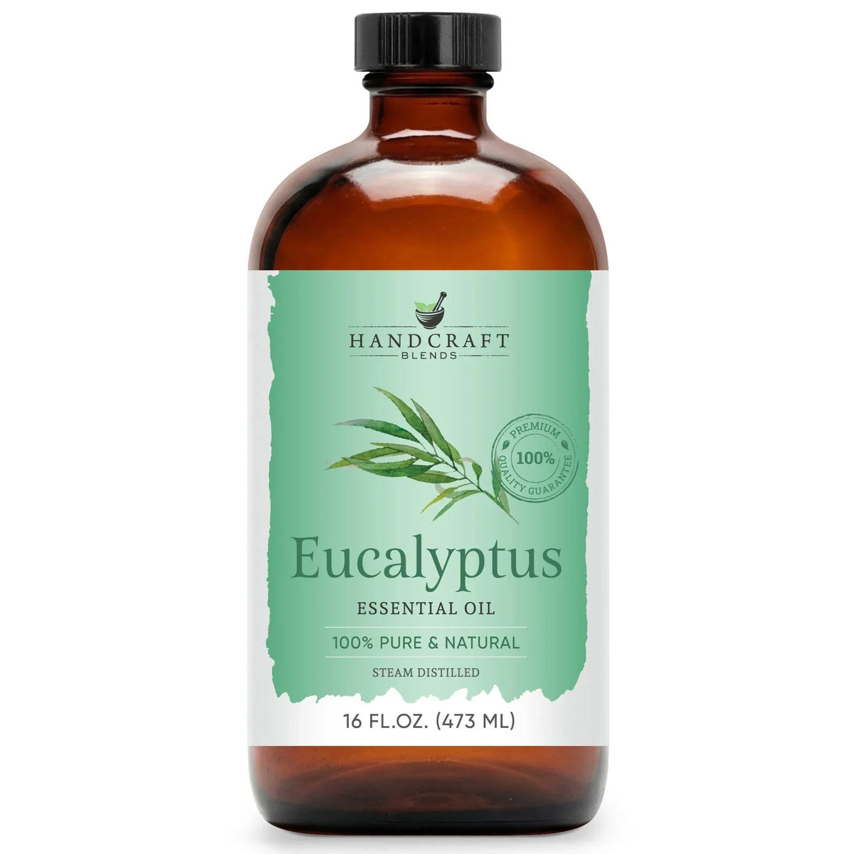 Amber glass bottle of eucalyptus essential oil, 16 oz, with green leaf label.