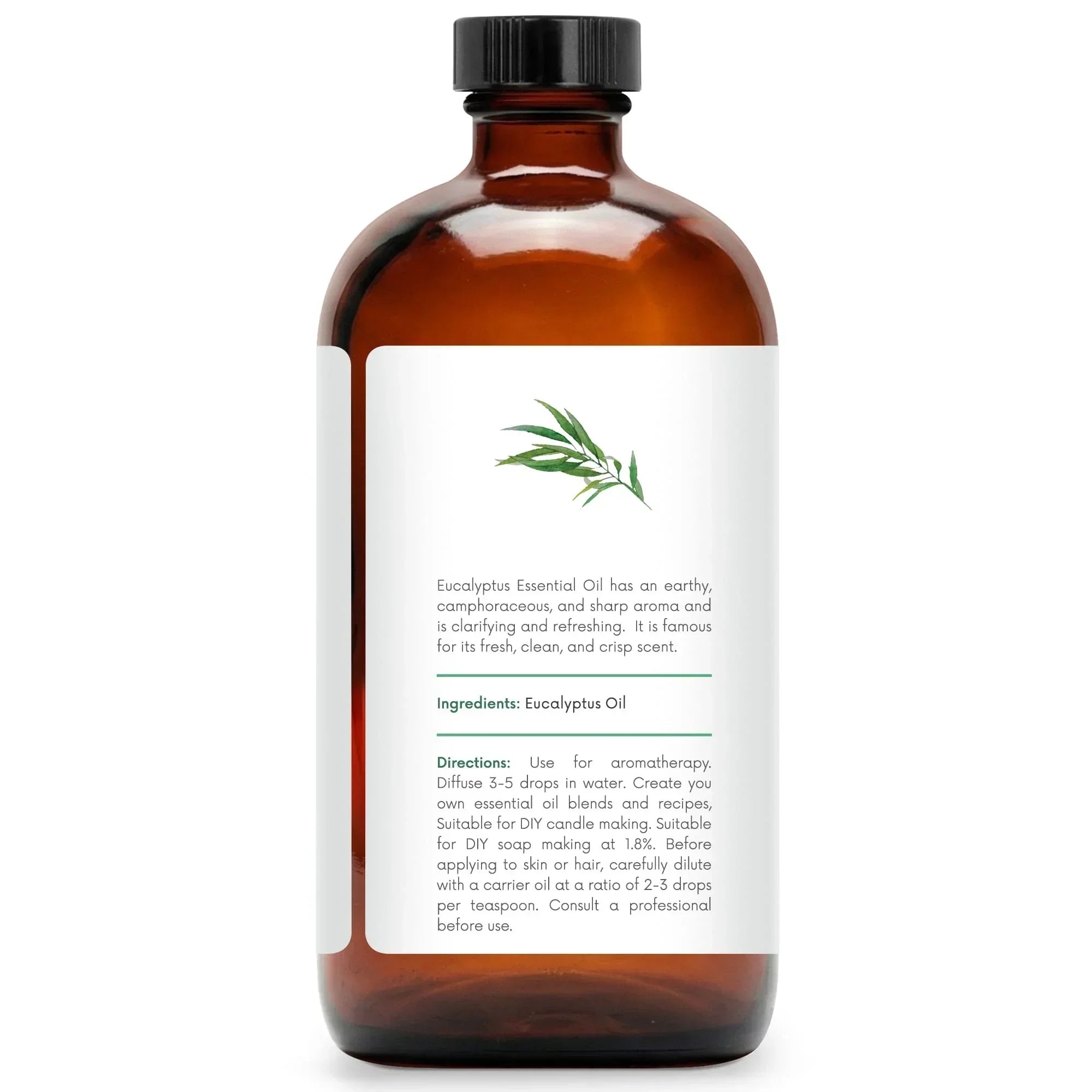 Amber glass bottle of eucalyptus essential oil with label and black cap for aromatherapy use
