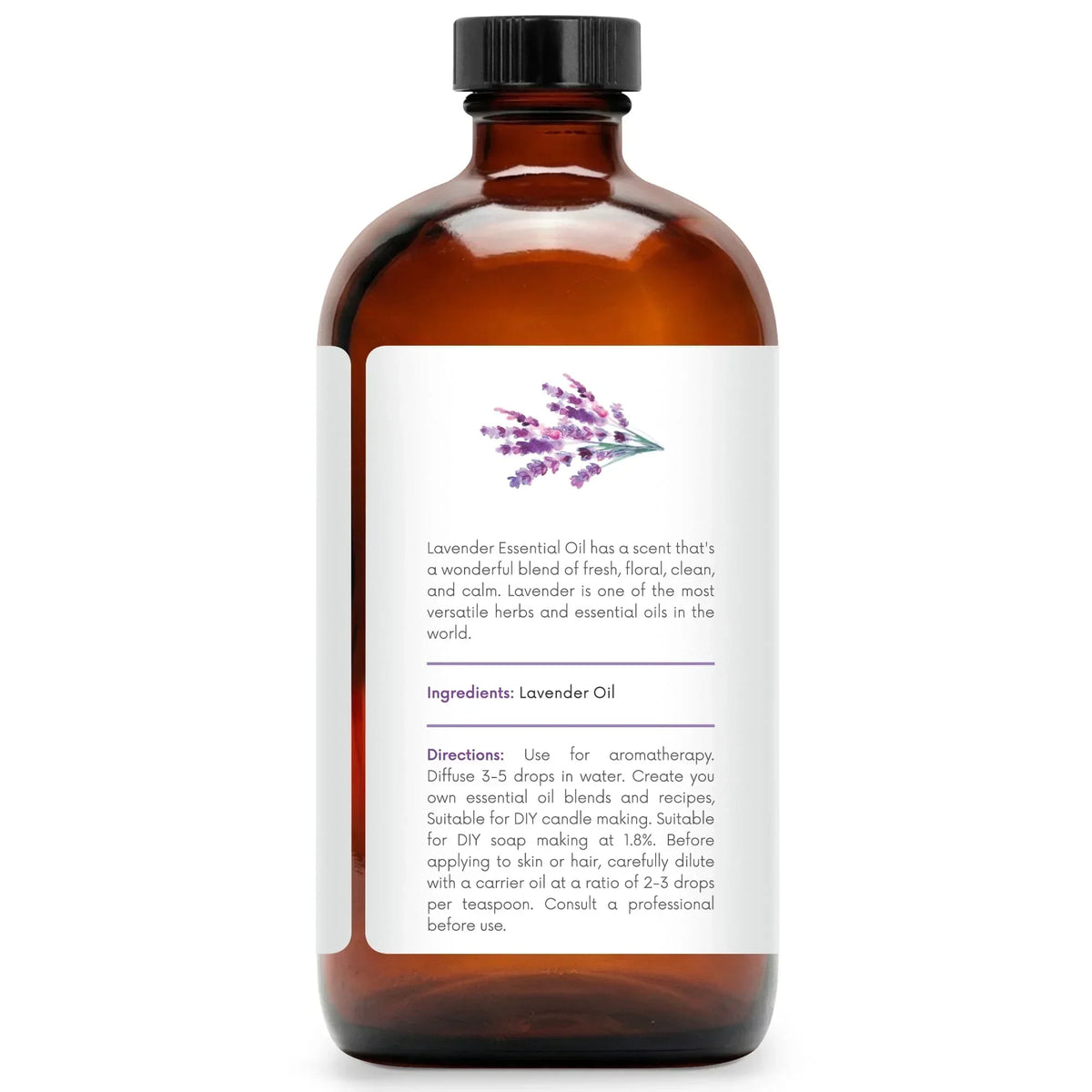 Amber glass bottle of lavender essential oil with label showing directions and ingredients.