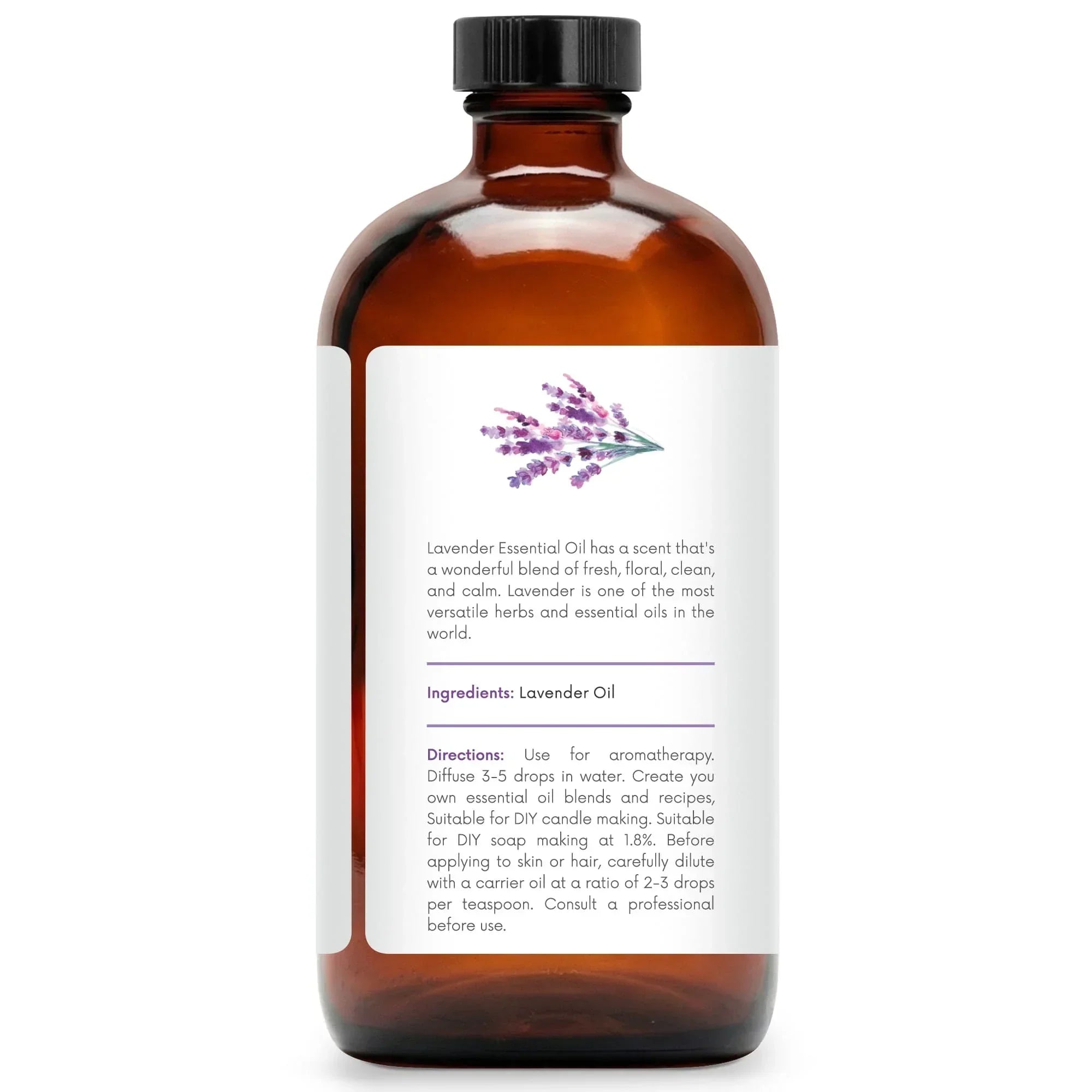 Amber glass bottle of lavender essential oil with ingredient label and lavender illustration