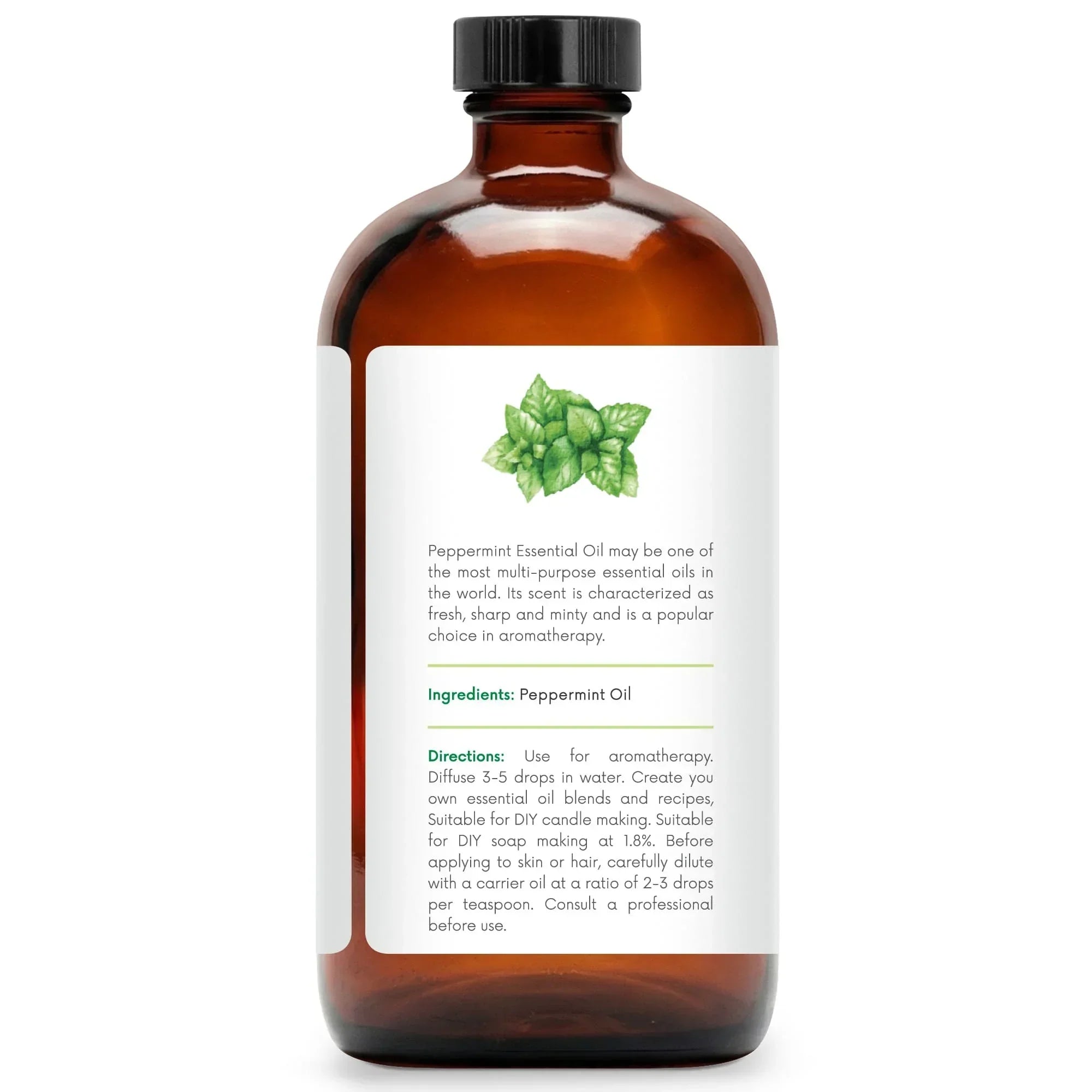 16 oz amber glass bottle of peppermint essential oil with readable label and mint leaf graphic