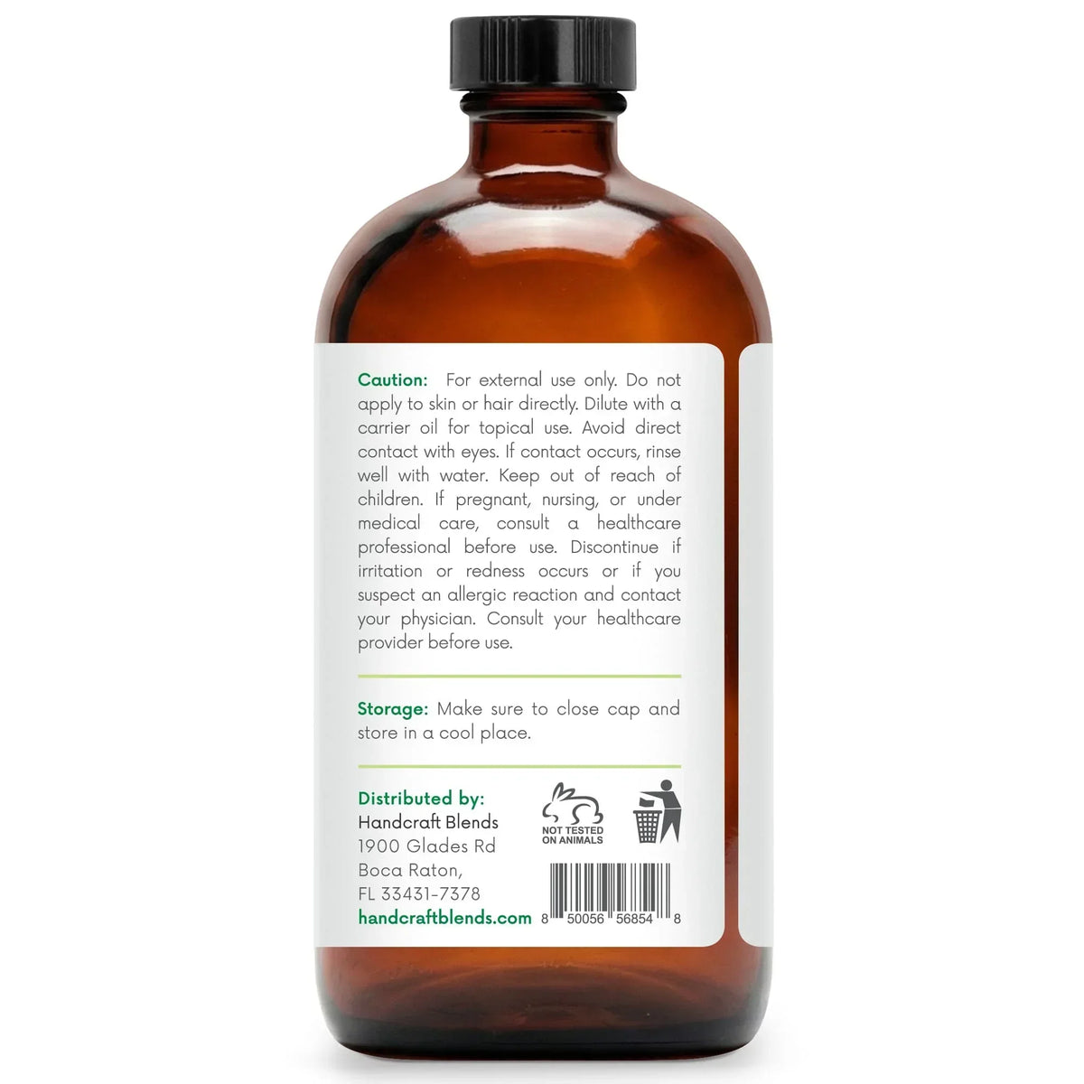 16 oz amber glass bottle with black cap, essential oil caution and storage label visible