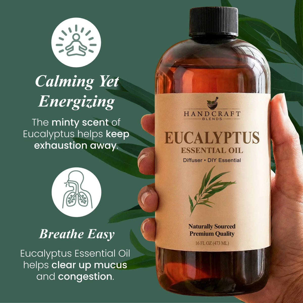 Person holding 16 oz amber plastic bottle of eucalyptus essential oil with natural label, green background, and calming aromatherapy benefits text.