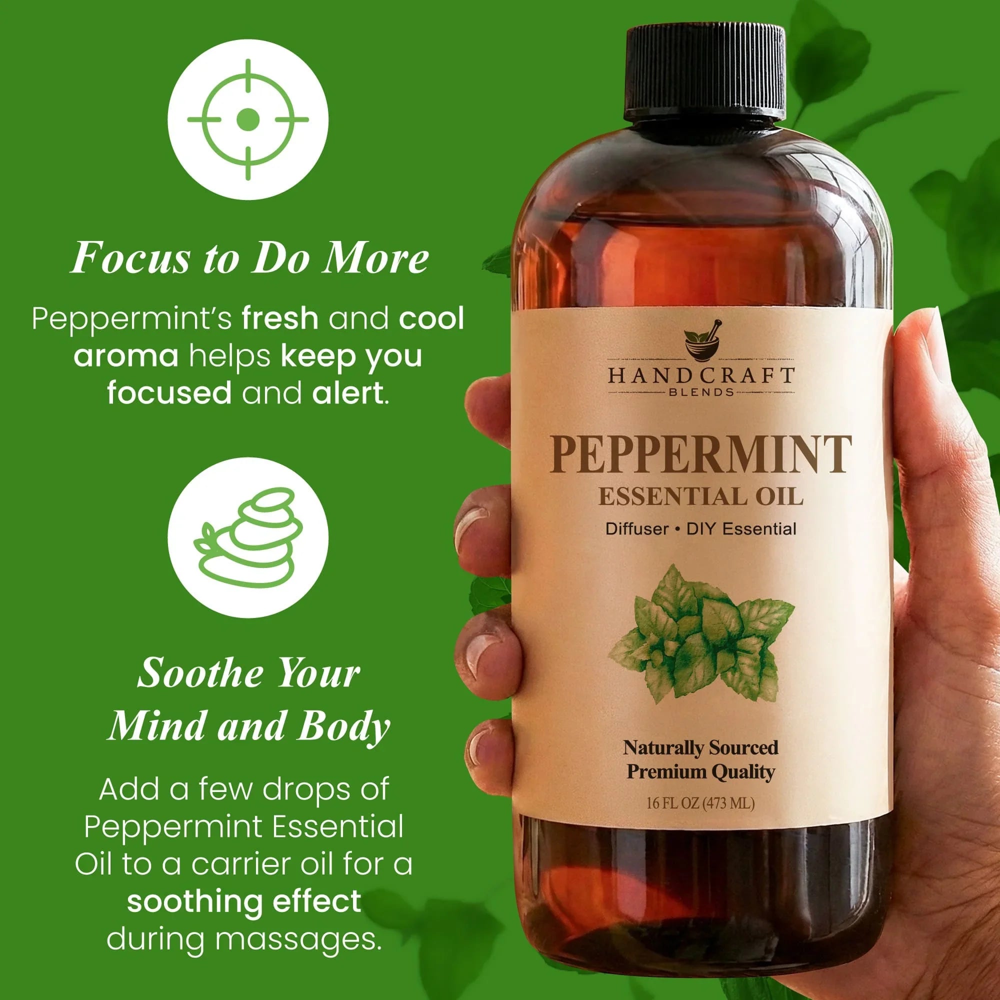 Hand holding 16oz bottle of peppermint essential oil with fresh leaves on green background