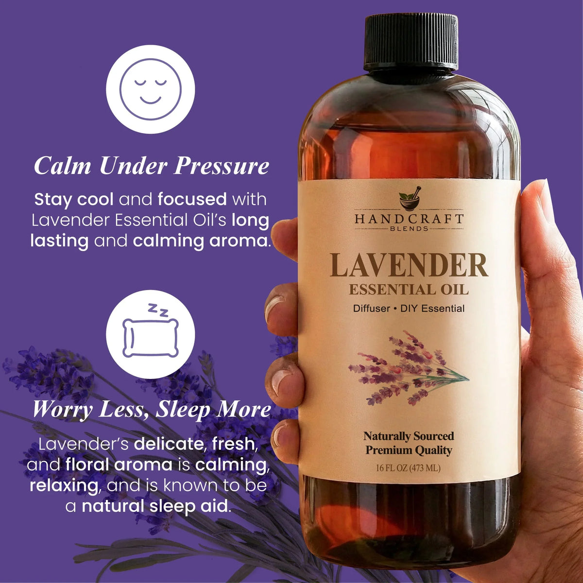 Hand holding a 16oz bottle of lavender essential oil with label, purple background, lavender flowers.