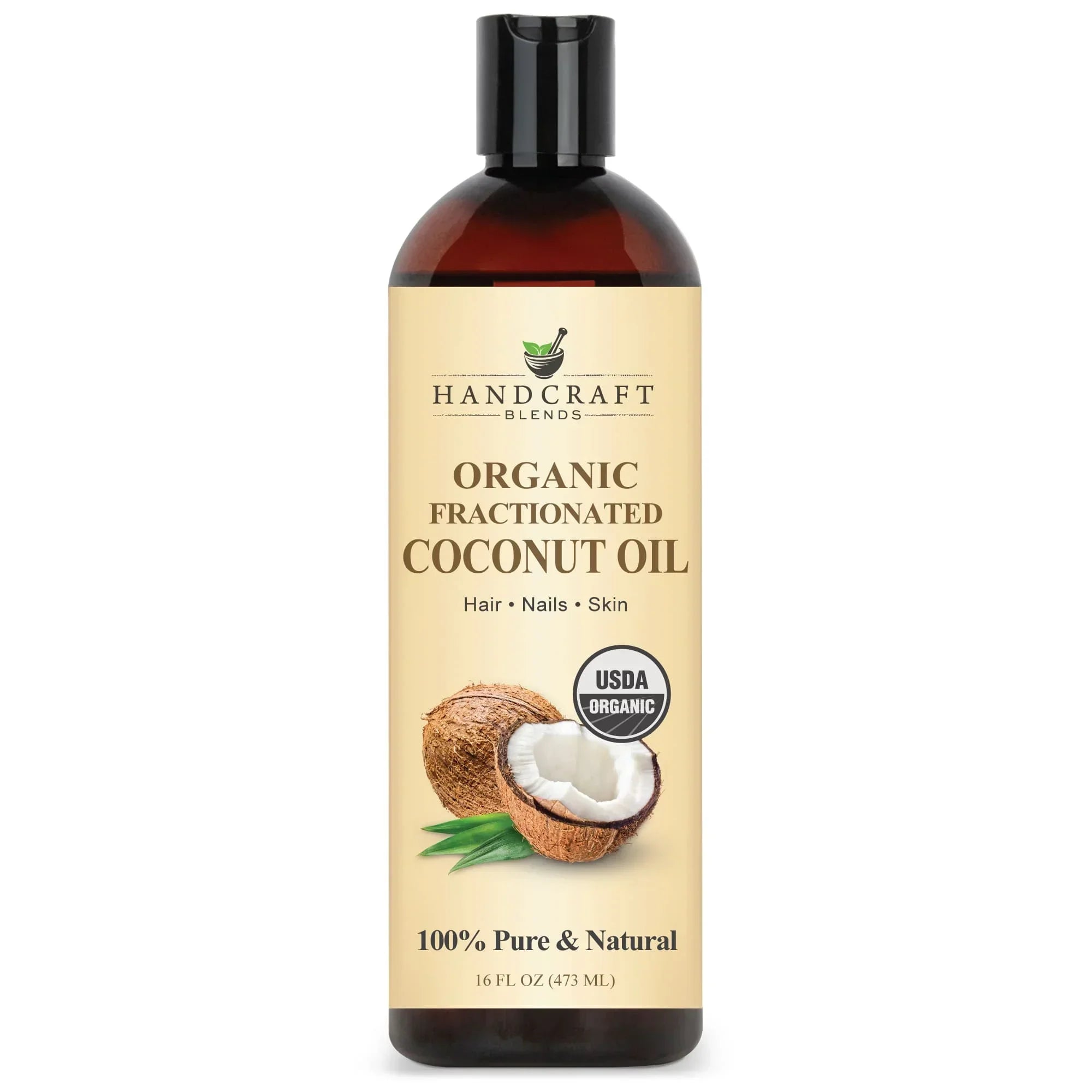 16oz bottle of organic fractionated coconut oil for hair, nails, skin with USDA organic label