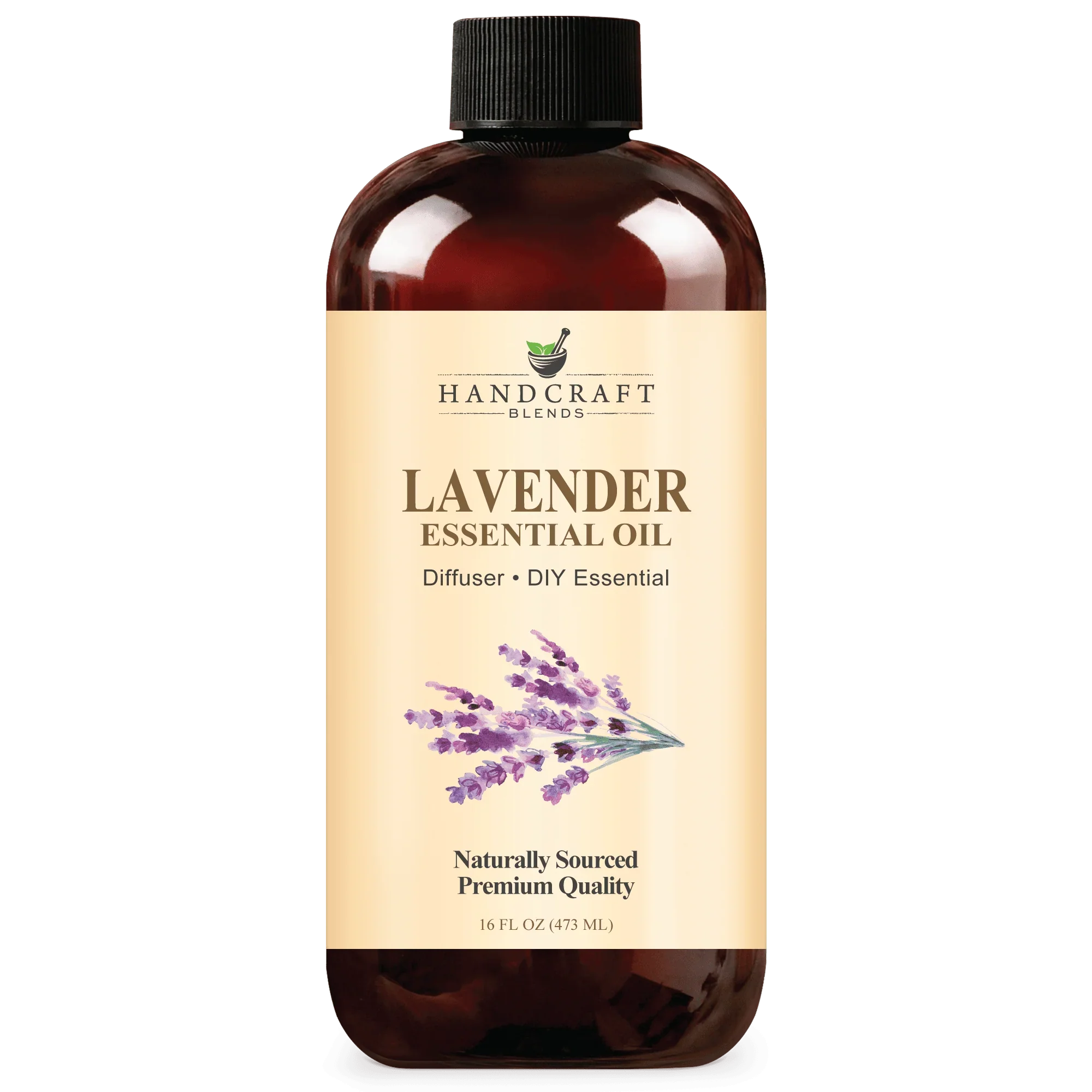 16oz amber bottle of lavender essential oil for aromatherapy and diffuser use